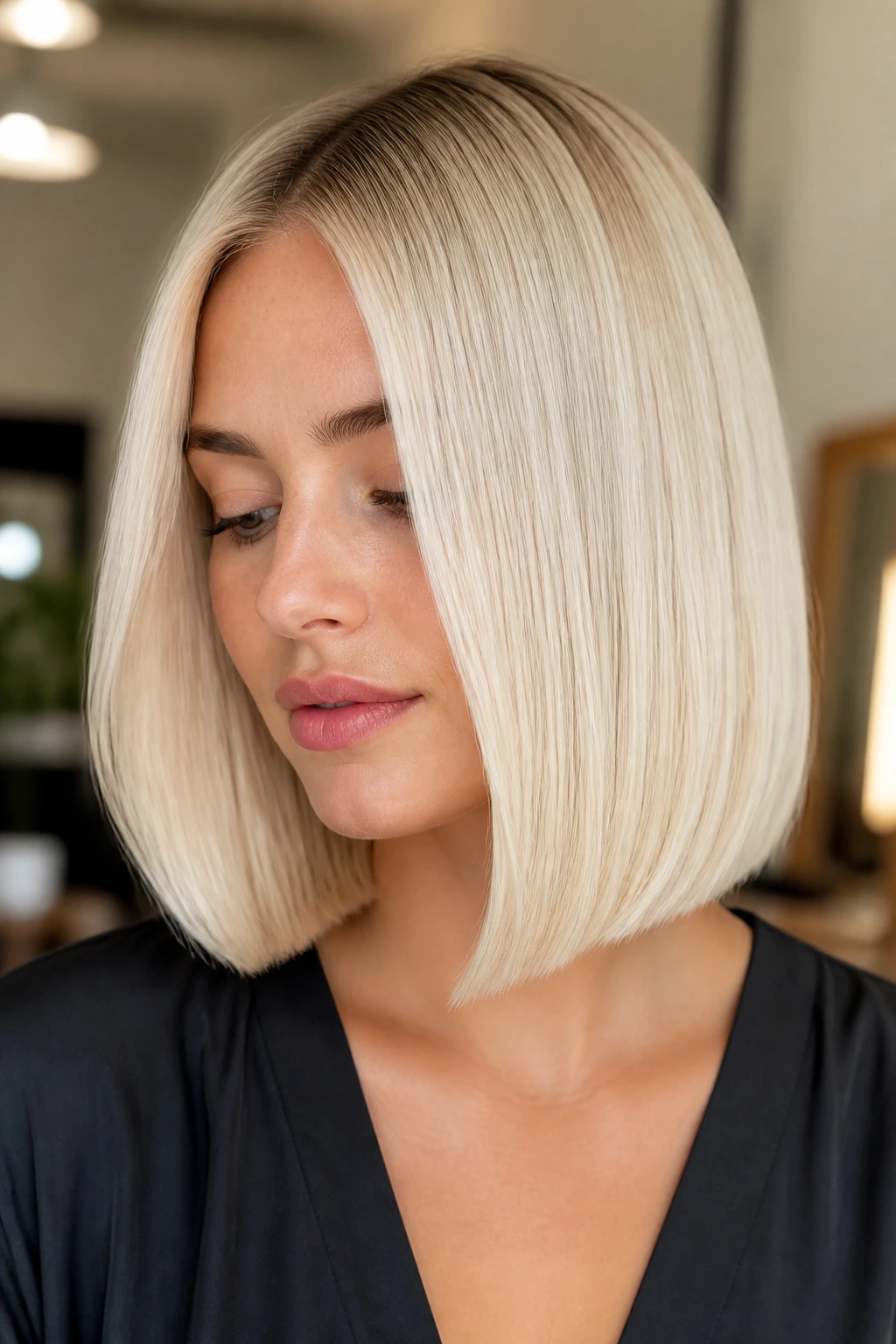 Portrait of a real woman with vanilla cream blunt lob and subtle end bend in soft lighting