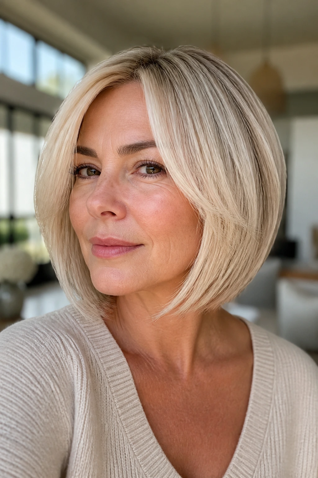 Close-up of a real woman with a vanilla cream bob and face-framing layers