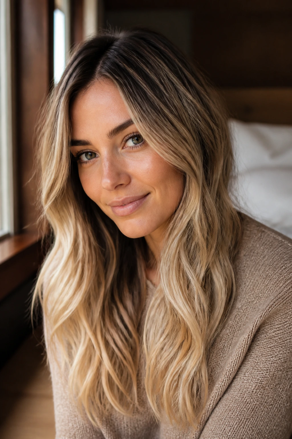 Close-up portrait of a real woman with Vanilla Cream Bronde hair in warm window light