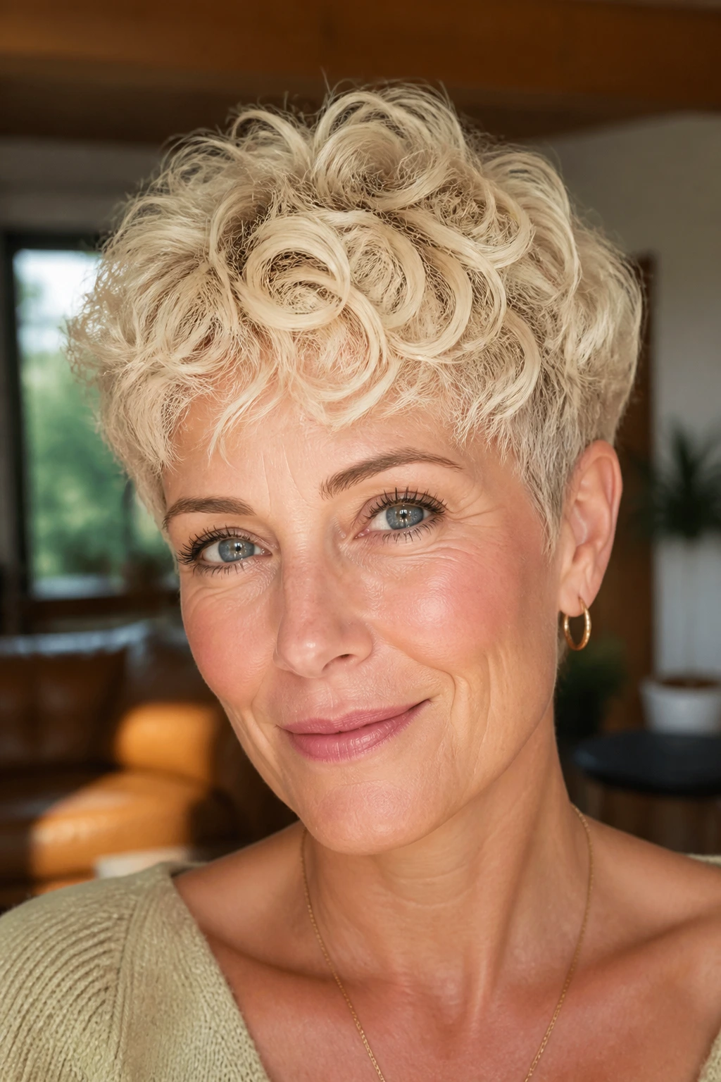 Real woman with vanilla cream curly pixie and soft curl definition
