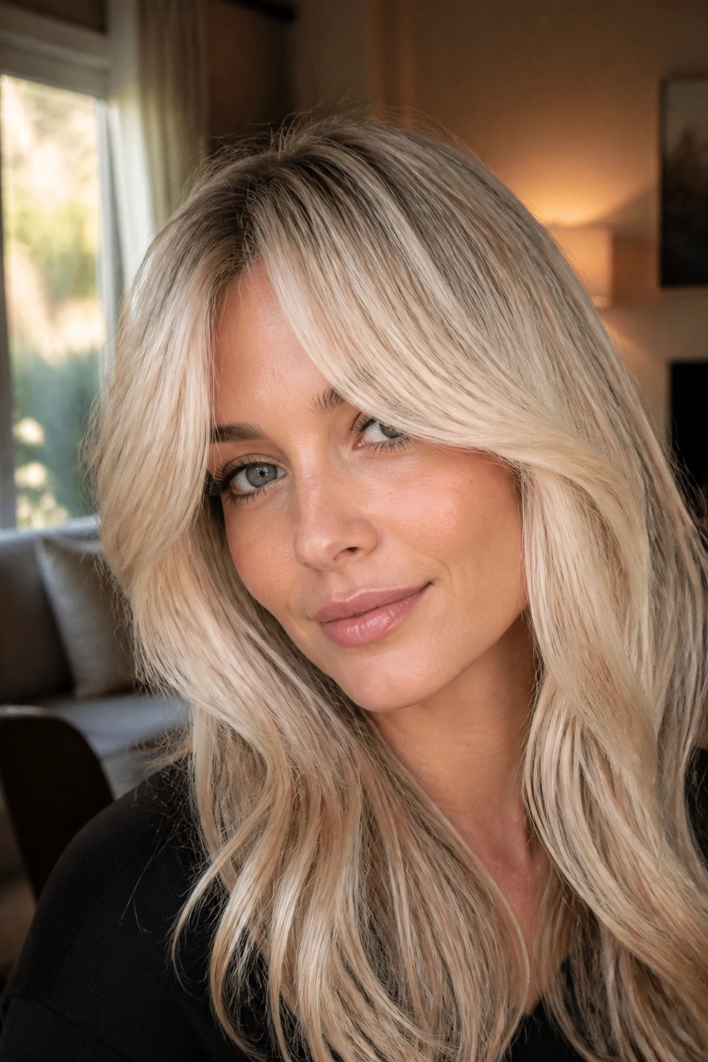 Close-up of a real woman with vanilla cream curtain bangs framing her face