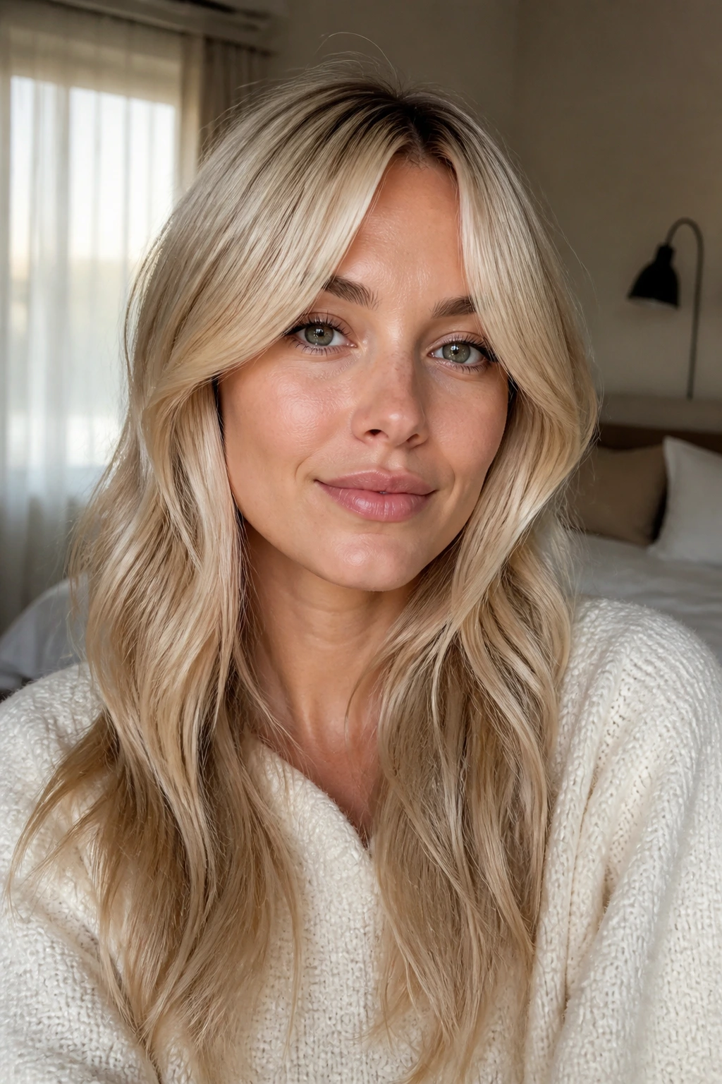 Close-up of a real person with vanilla cream curtain bangs framing the face in soft window light