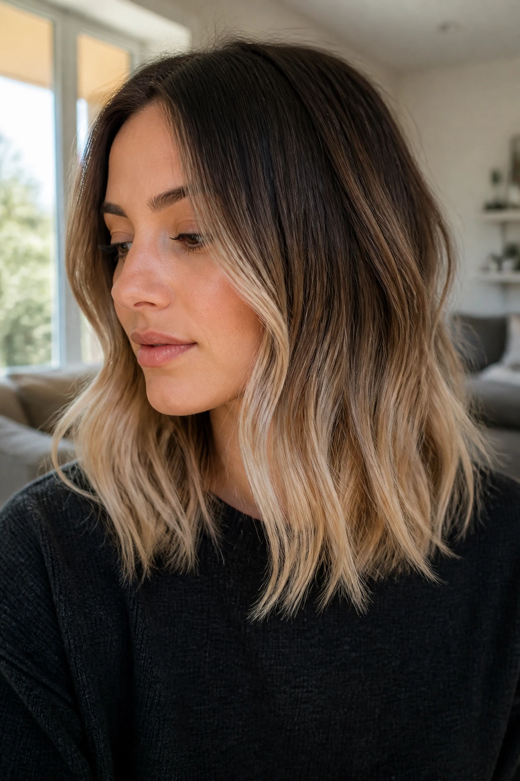 Close-up of shoulder-length hair with vanilla cream ends and root melt