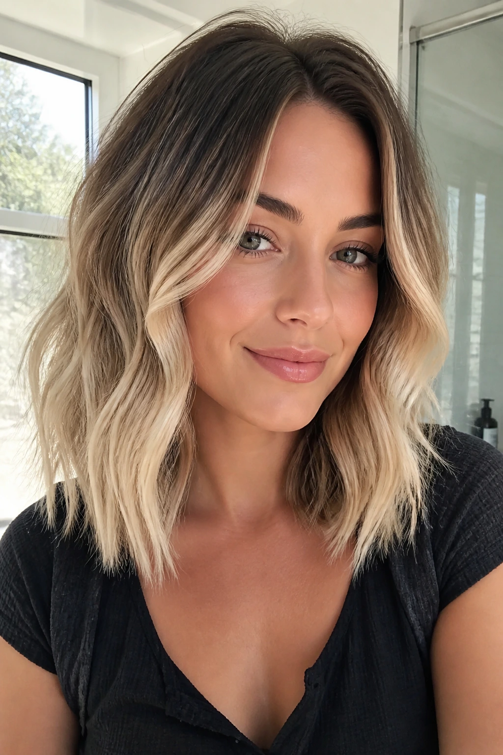 Close-up of a real woman with vanilla cream ends balayage on shoulder-length hair