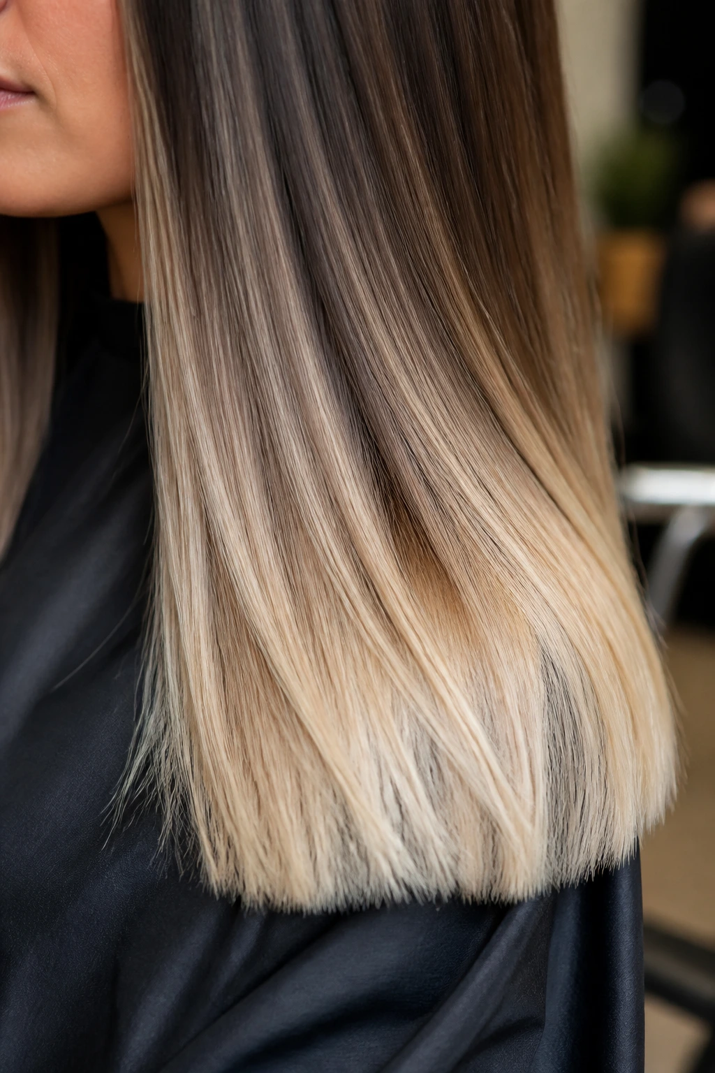 Close-up of vanilla cream ends on straight hair with soft root stretch