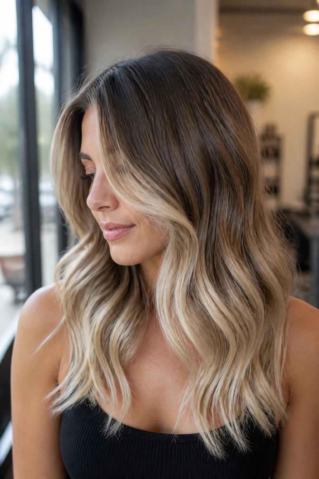 Close up of a real woman with wavy hair and vanilla cream ends in natural salon lighting