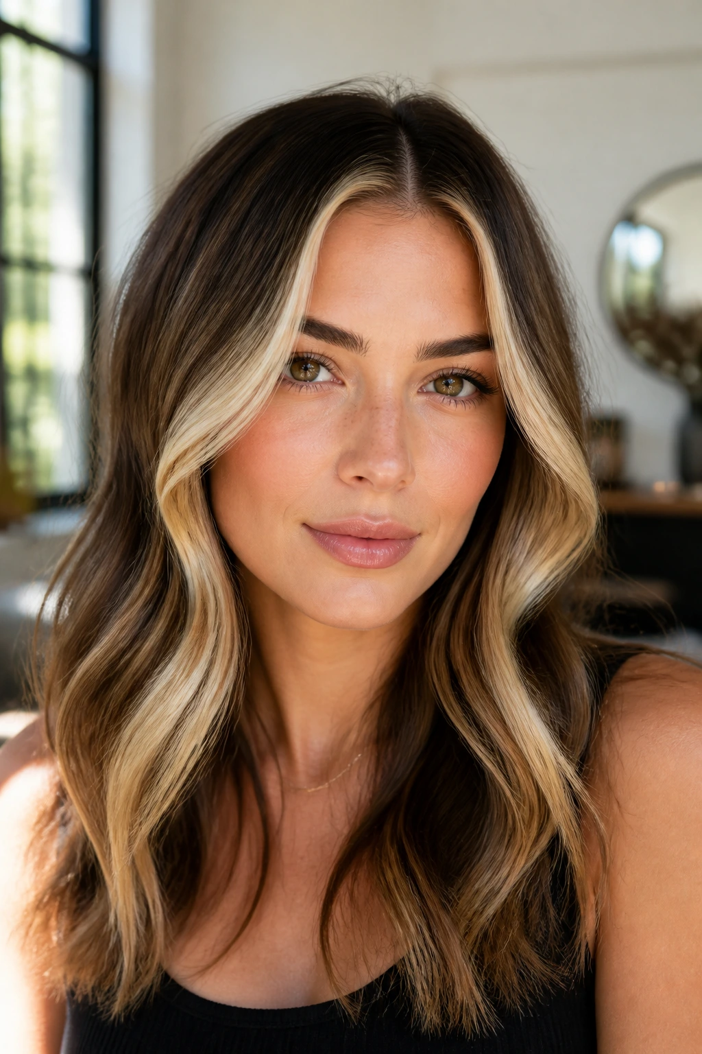 Close-up portrait of a real woman with Vanilla Cream Face Frame highlighting cream front pieces