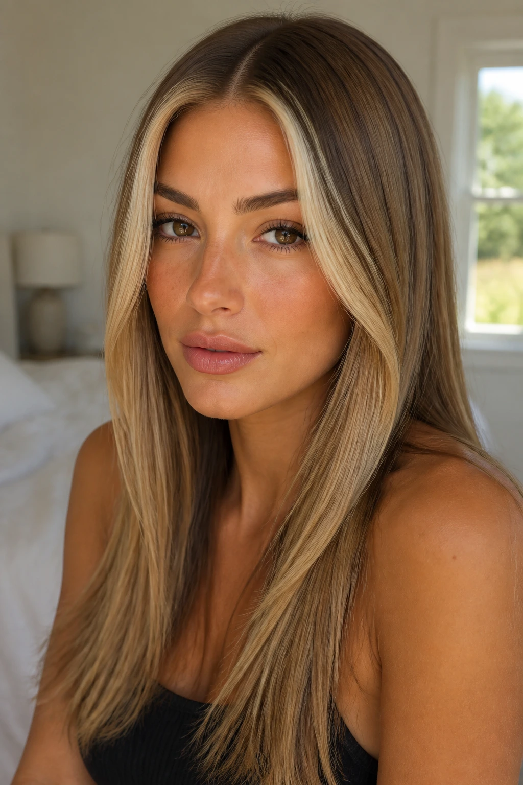 Portrait of a real person with vanilla cream contour highlights framing the face on straight hair