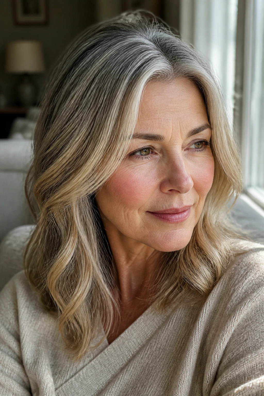 Close-up of a real woman with vanilla cream micro-highlights at the crown