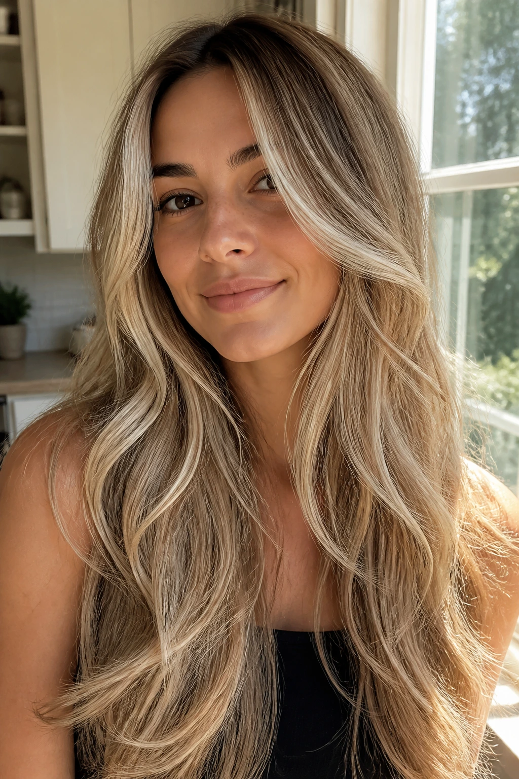 Vanilla cream highlights on long layered hair close-up