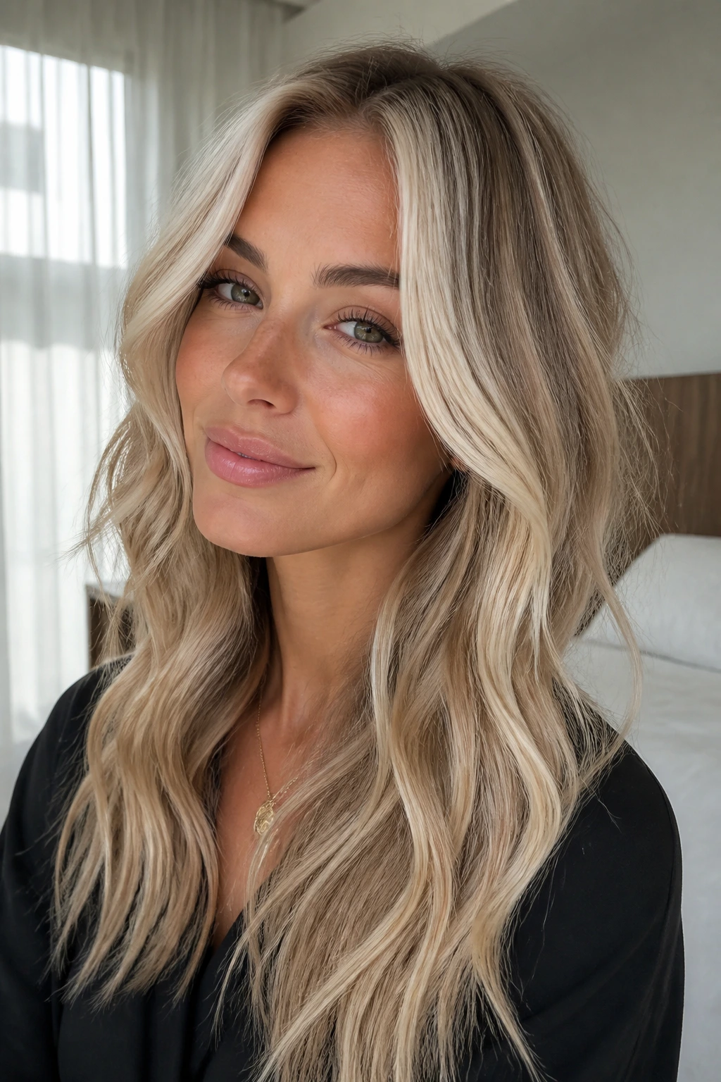 Close-up portrait of a woman with vanilla cream money piece on lived-in blonde hair