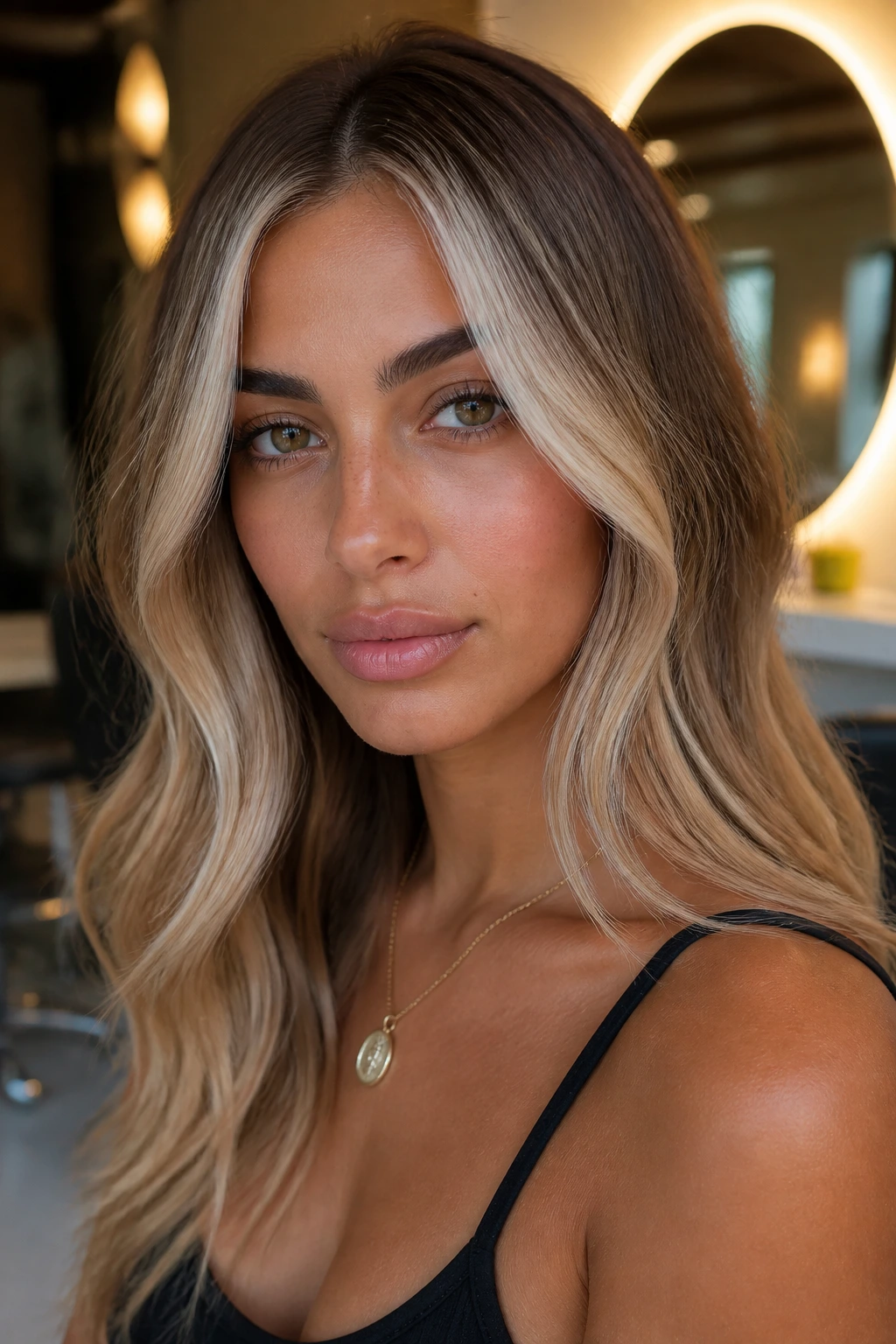 Close-up of a real woman with vanilla cream money pieces framing the face in warm light