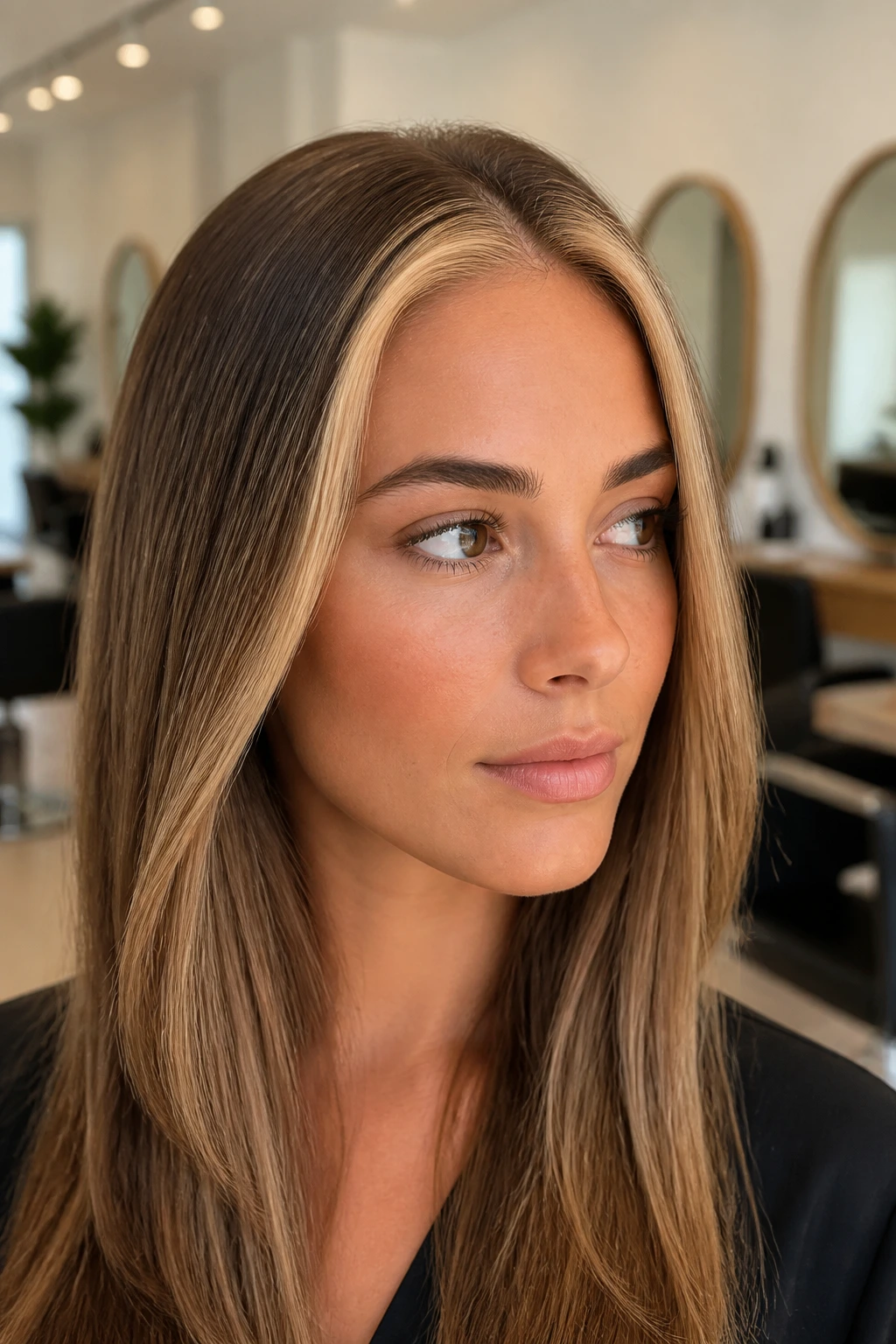Portrait focusing on a vanilla cream hairline panel at the forehead with deeper rest of hair