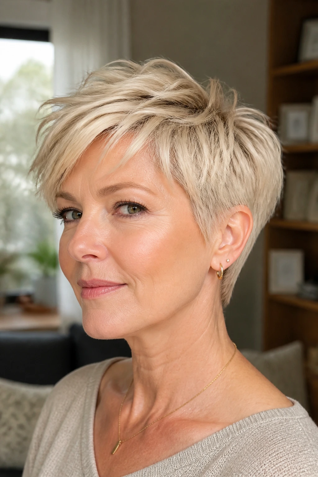 Real woman with a vanilla cream pixie and textured choppy layers in warm blonde.