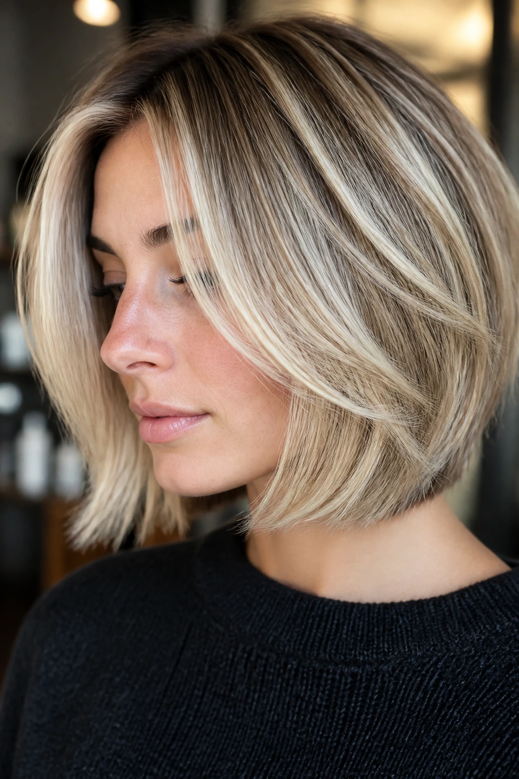 Layered bob with vanilla-cream ribbons visible in soft lighting