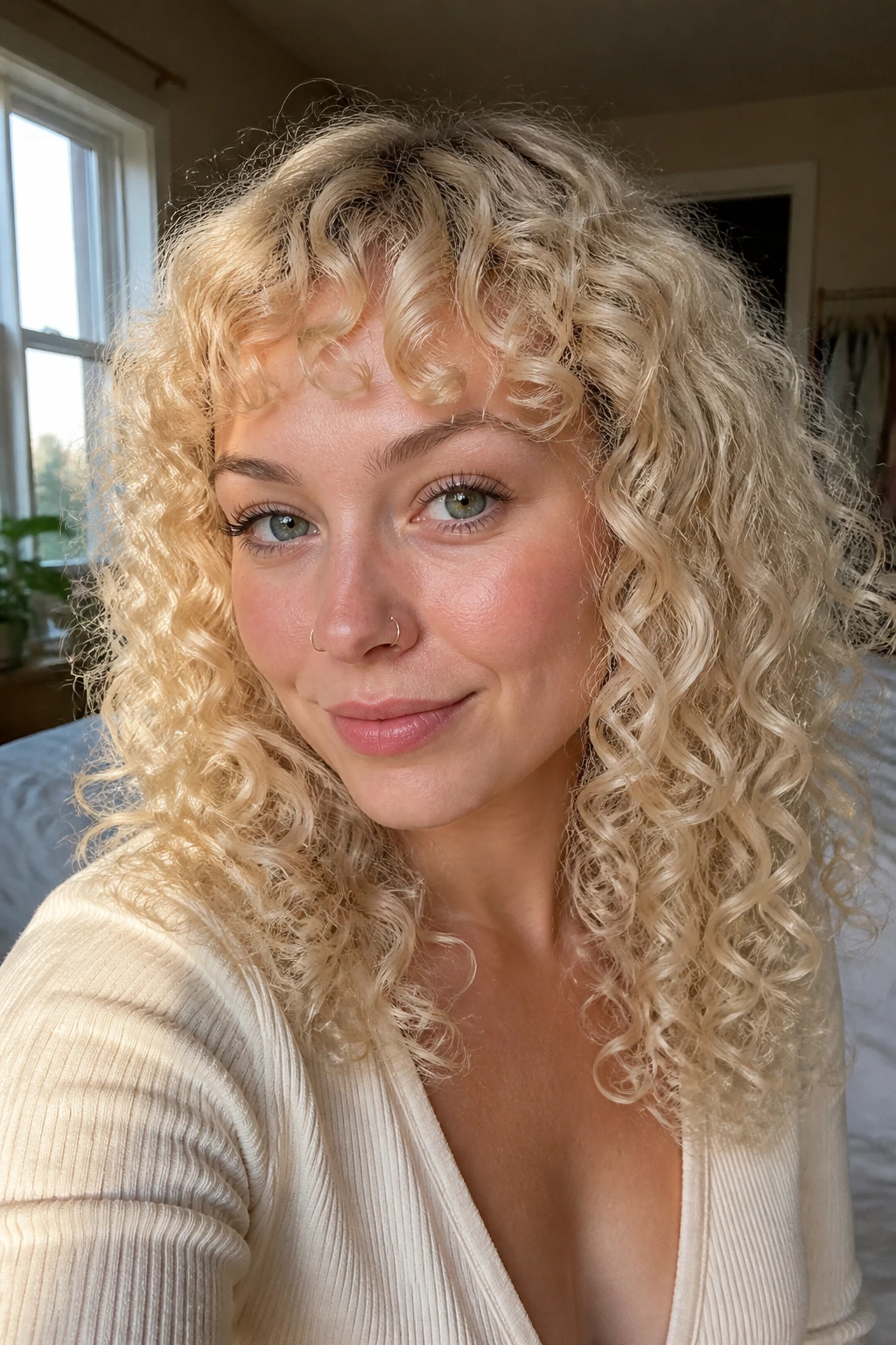 Close-up of vanilla cream ringlets and baby bangs on a real person