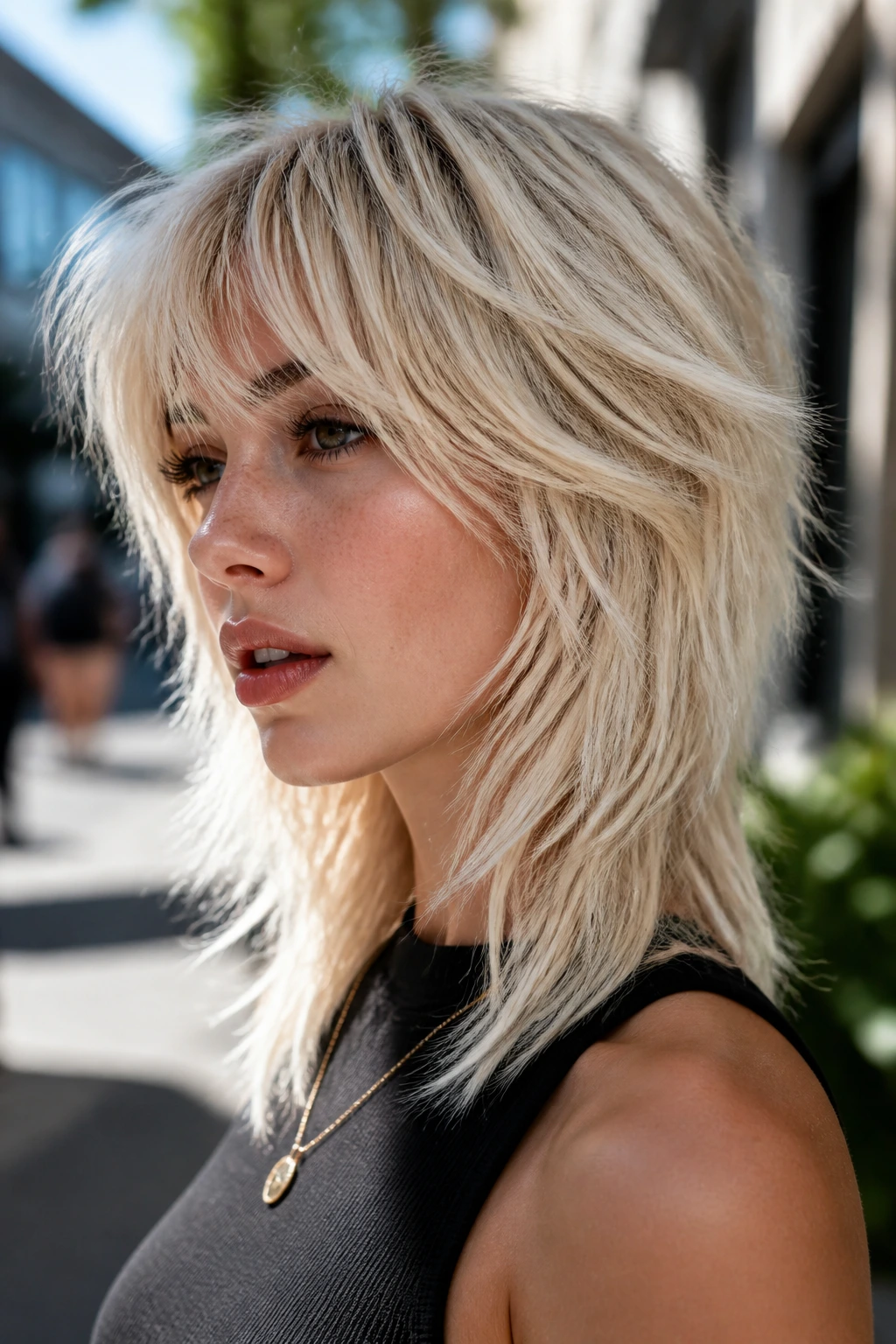 Close-up of a real woman with vanilla cream wolf cut and choppy lengths, bright daylight.