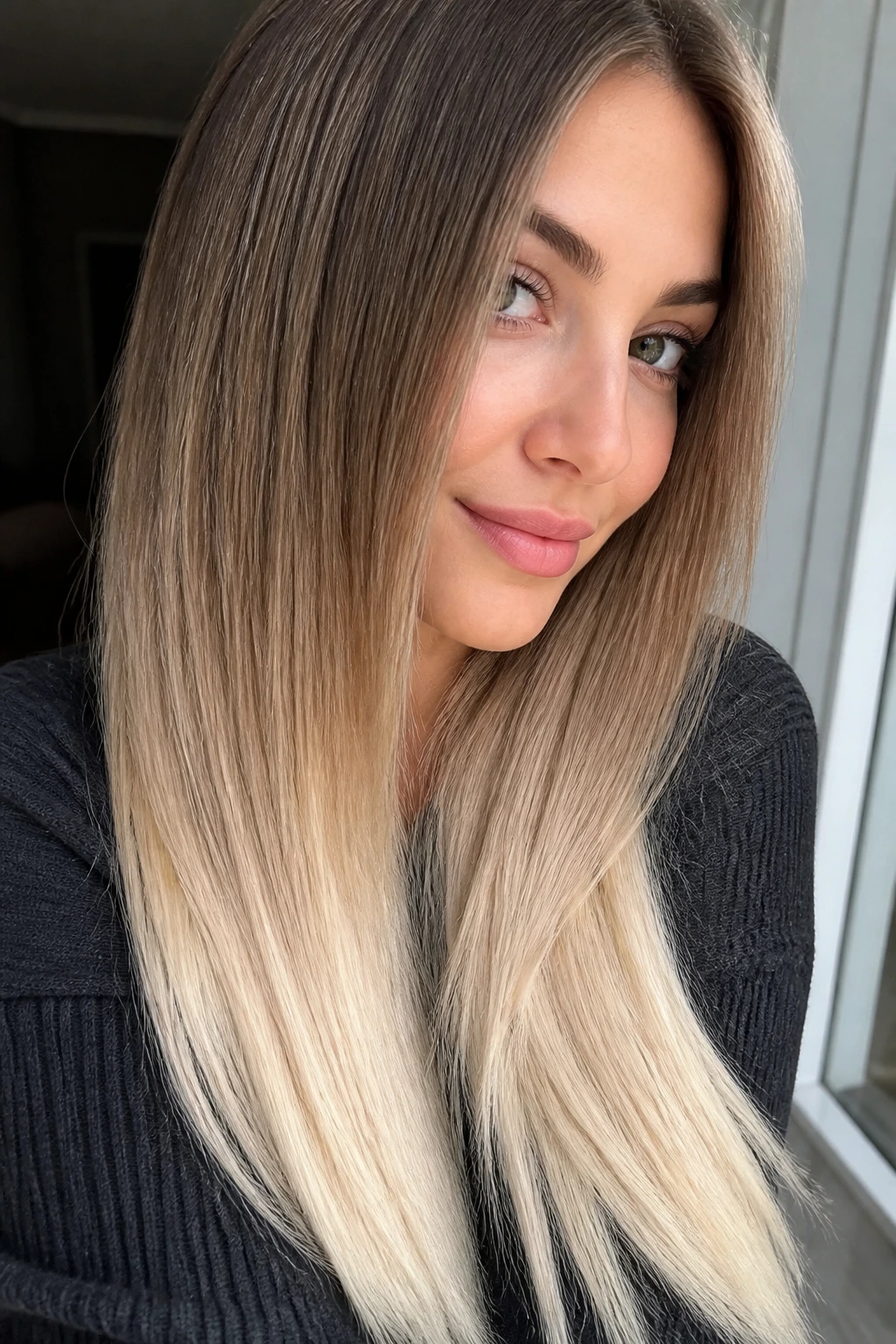 Close-up of straight hair with vanilla ends on a dark blonde base lit by soft daylight