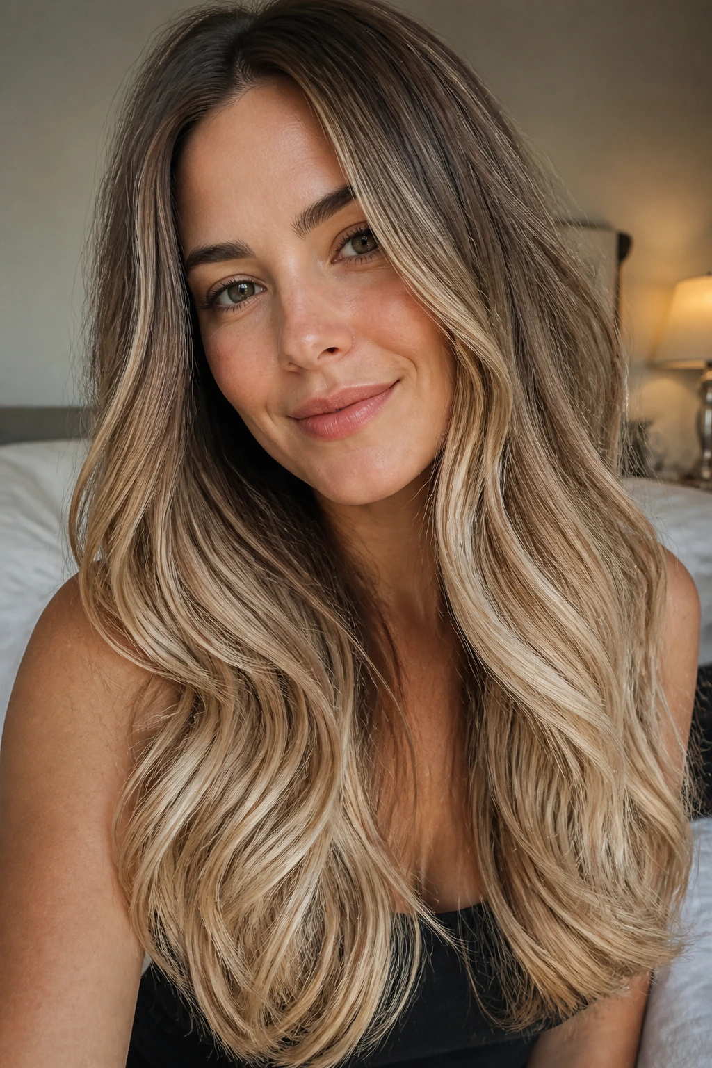 Close-up portrait of a real woman with melted vanilla ends on long hair