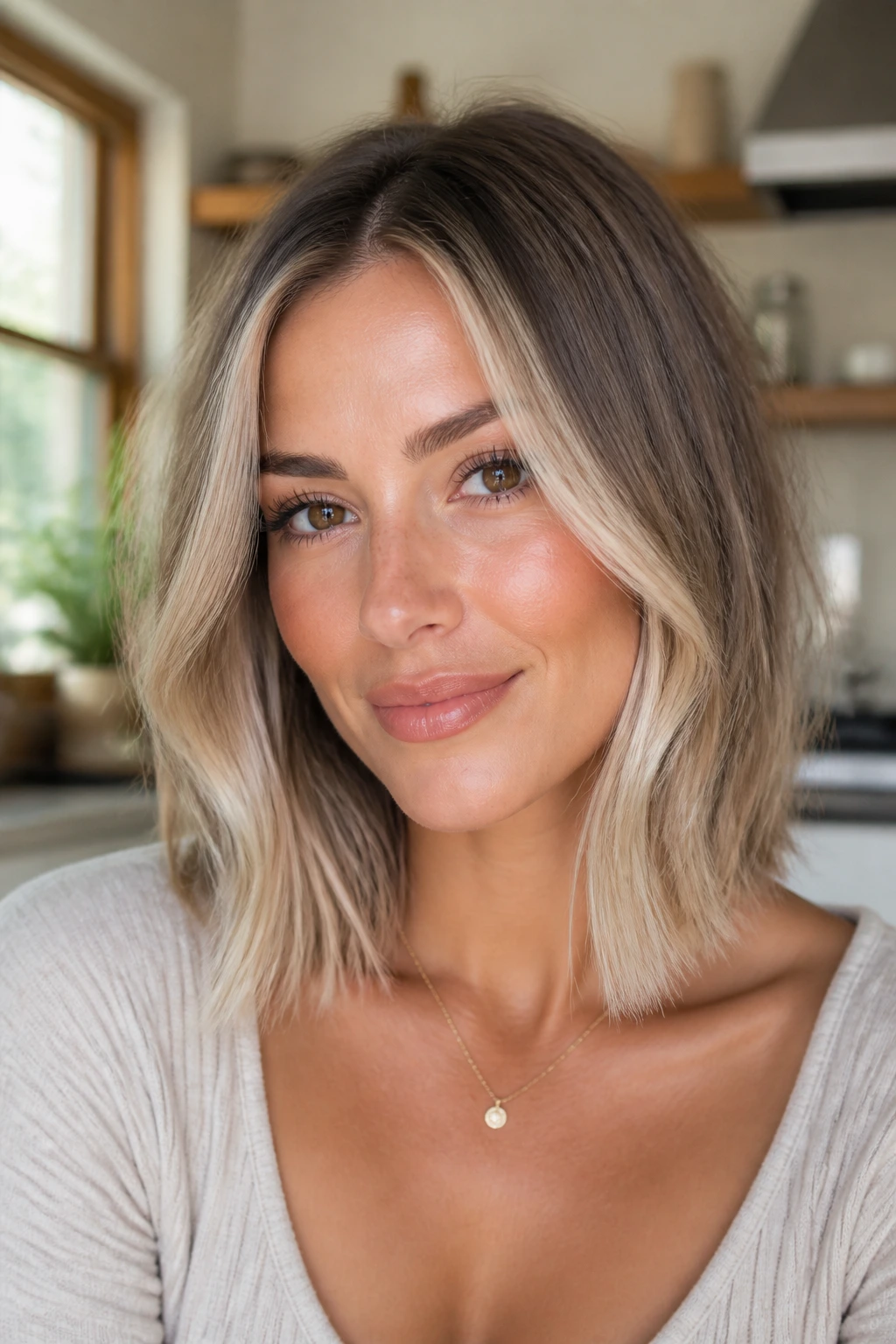 Close-up of vanilla face-framing lob on real woman's hair framing the face