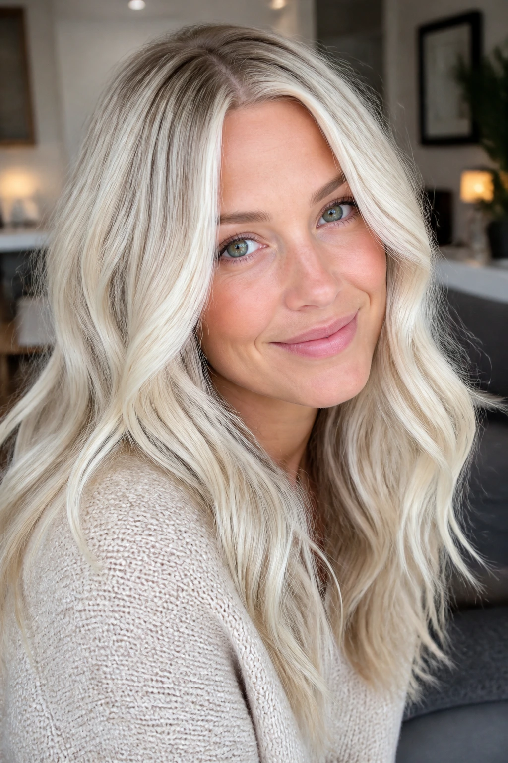 Close-up portrait of a real person with creamy vanilla platinum highlights