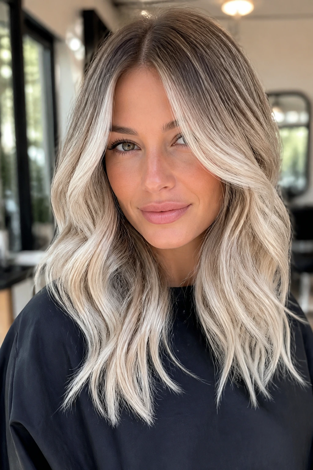 Portrait of a woman with vanilla ice balayage showing warm beige and cool icy ends.