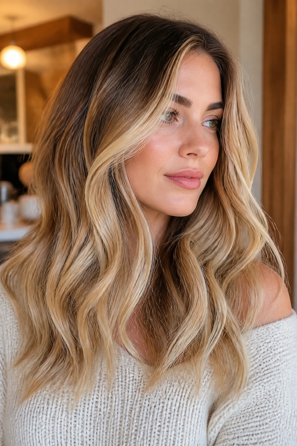Close-up of woman with vanilla latte balayage hair showing creamy ribbons.
