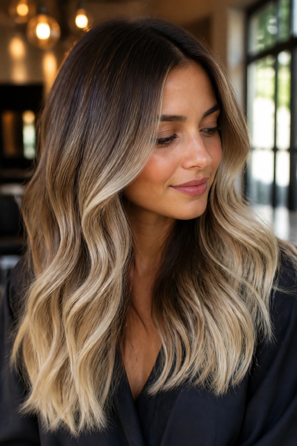 Close-up of a real woman with Vanilla Latte Balayage, brunette roots fading to vanilla ends