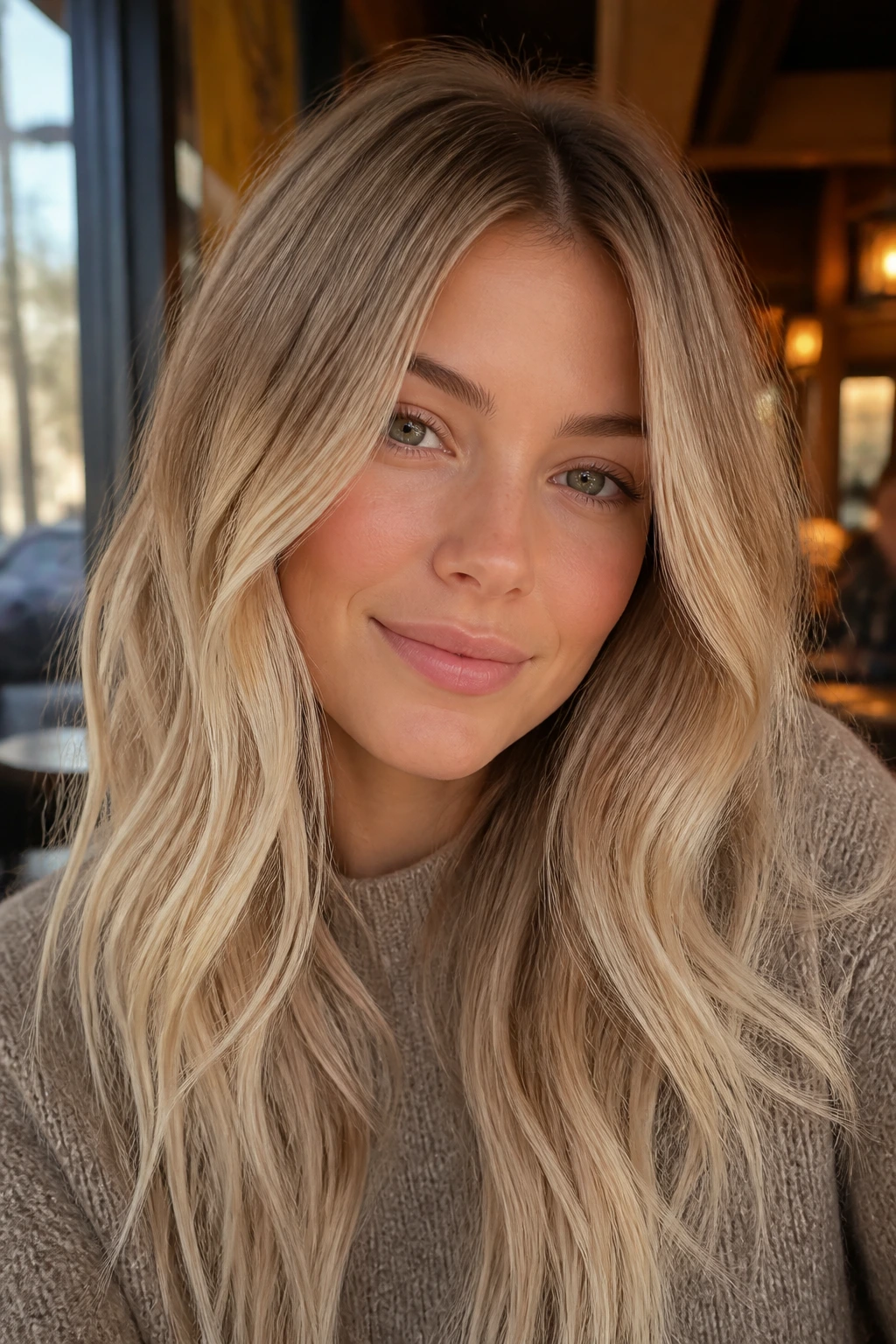Close-up of Vanilla latte blonde hair on a real person in a cozy winter cafe