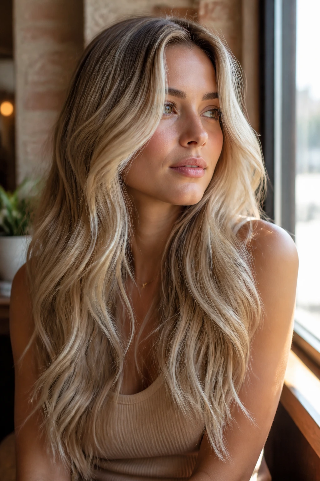 Real woman with vanilla latte blonde long layers in cafe window light.