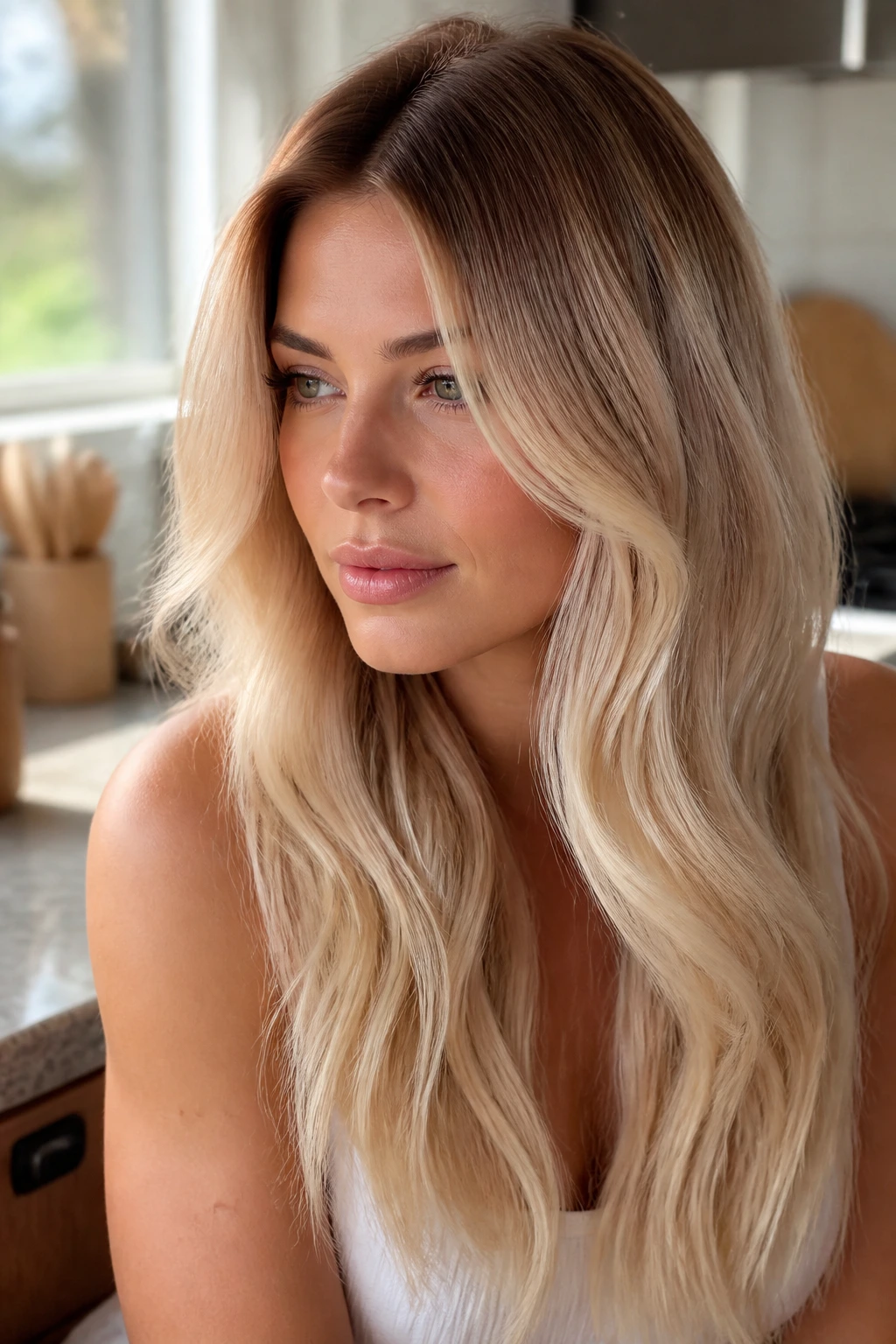 Close-up of a real woman with Vanilla Latte Blonde hair featuring a darker root and creamy ends.
