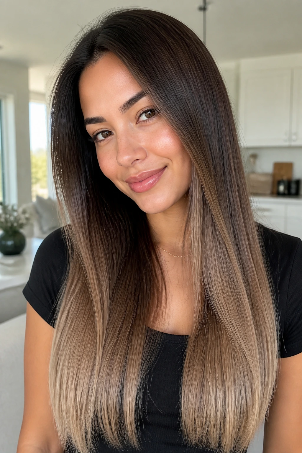 Portrait of a real woman with vanilla latte brown hair and light ends