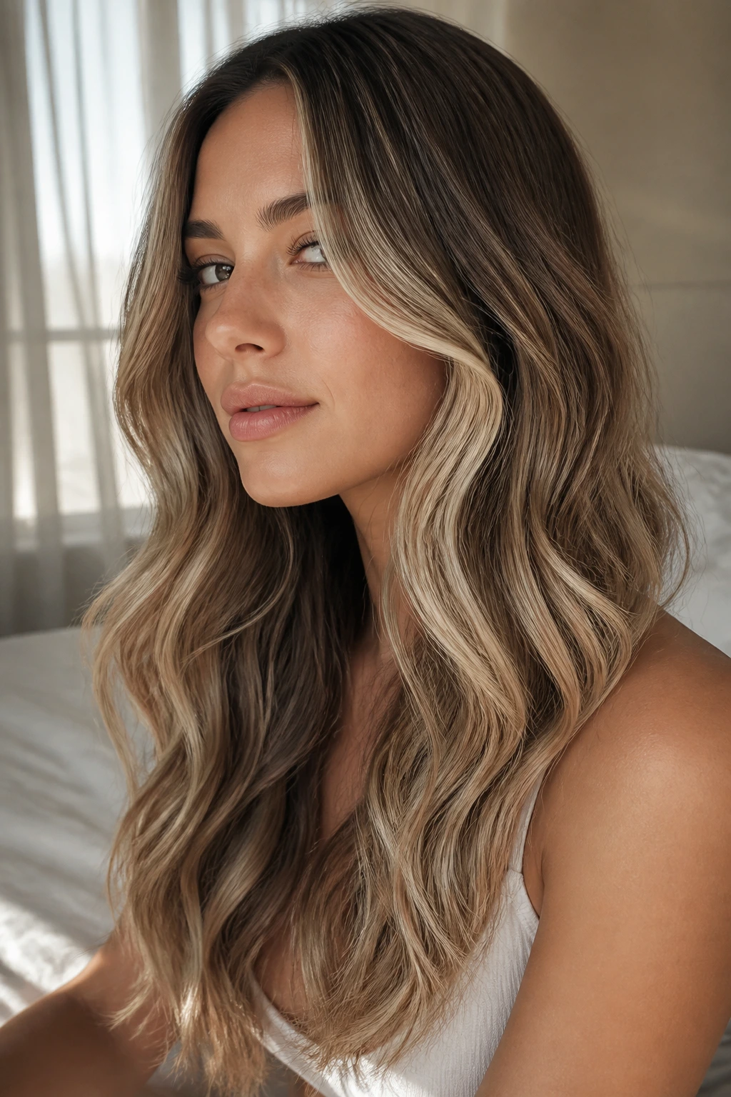Portrait of brunette with vanilla latte highlights in long waves