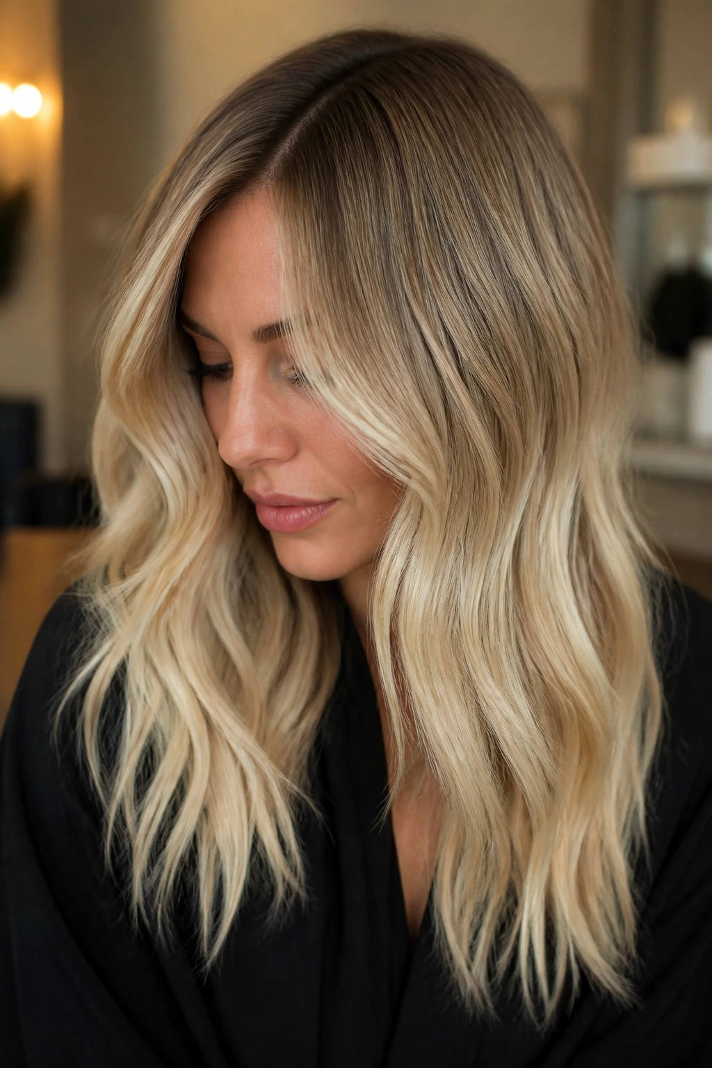 Close-up portrait of a real woman with beige root shadow and vanilla blonde ends in warm indoor light