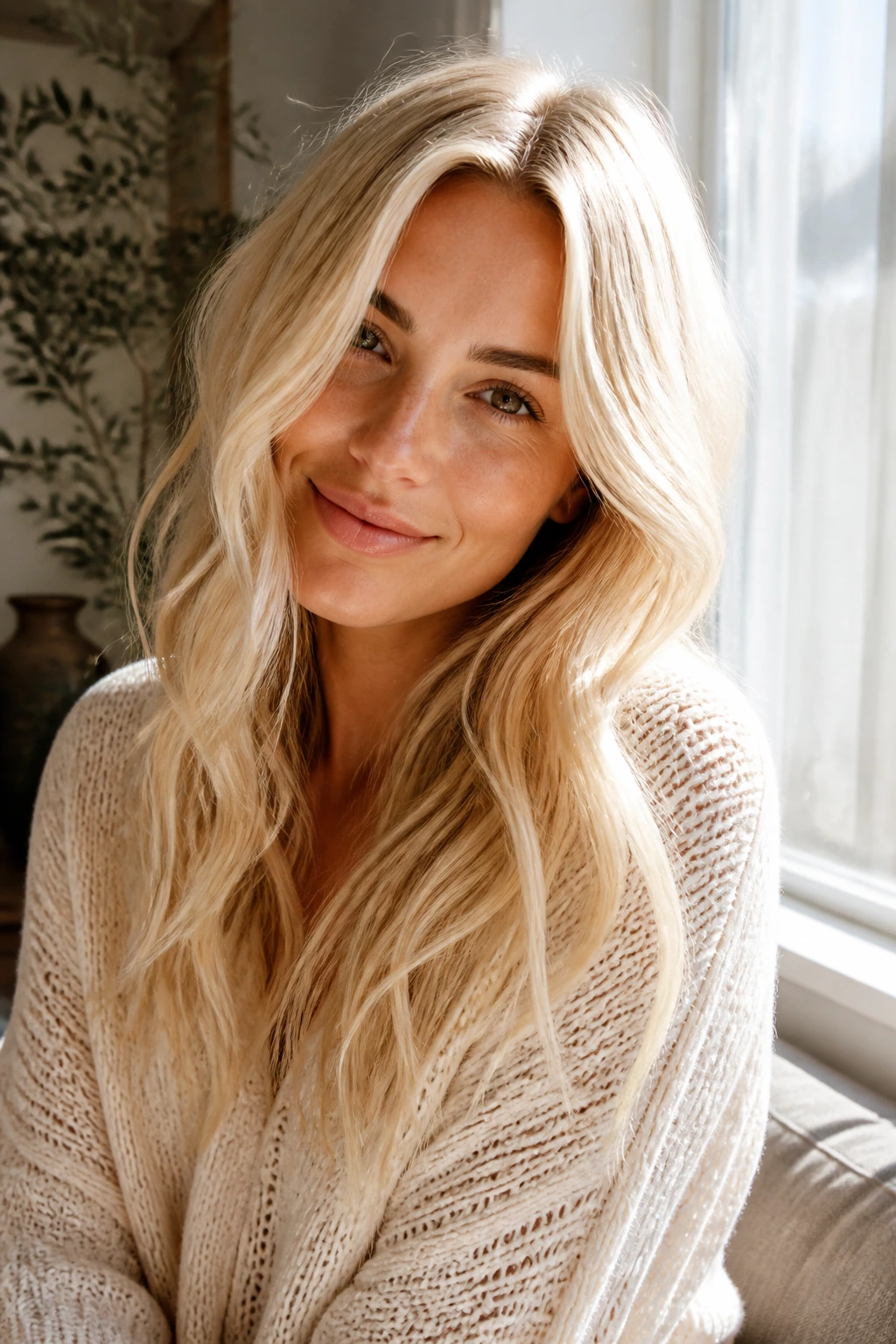 Real woman with vanilla milk blonde and loose waves by a sunlit window