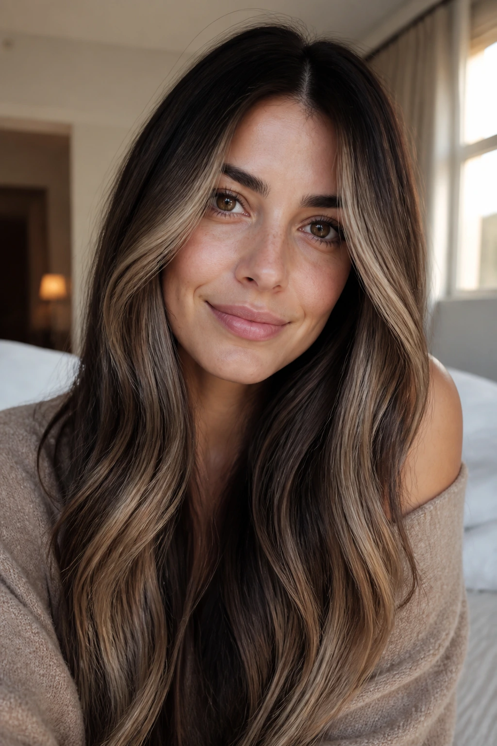 Brunette with vanilla bean mocha highlights around face in warm bedroom light