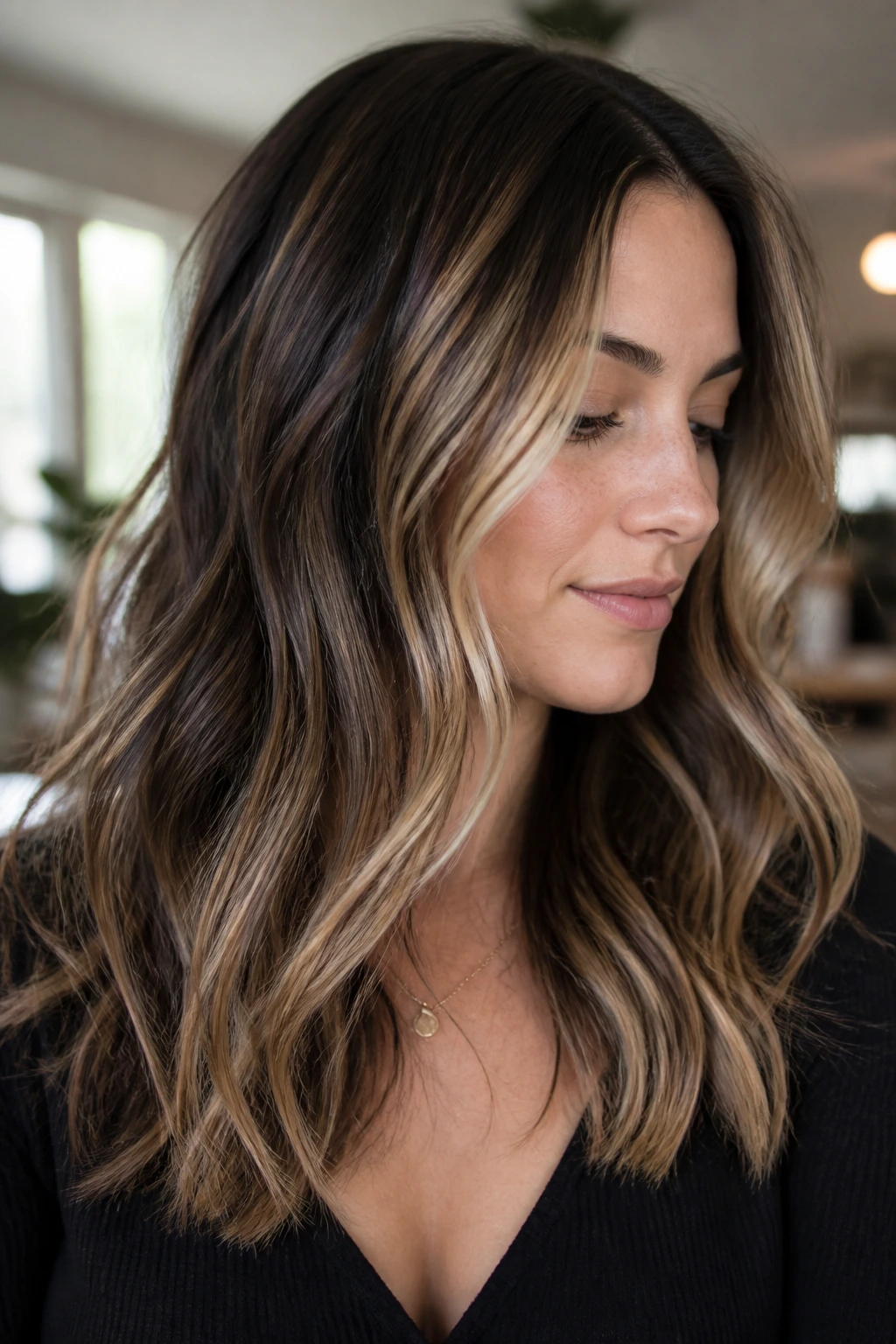 Close-up of brunette with narrow vanilla ribbons balayage and soft waves.