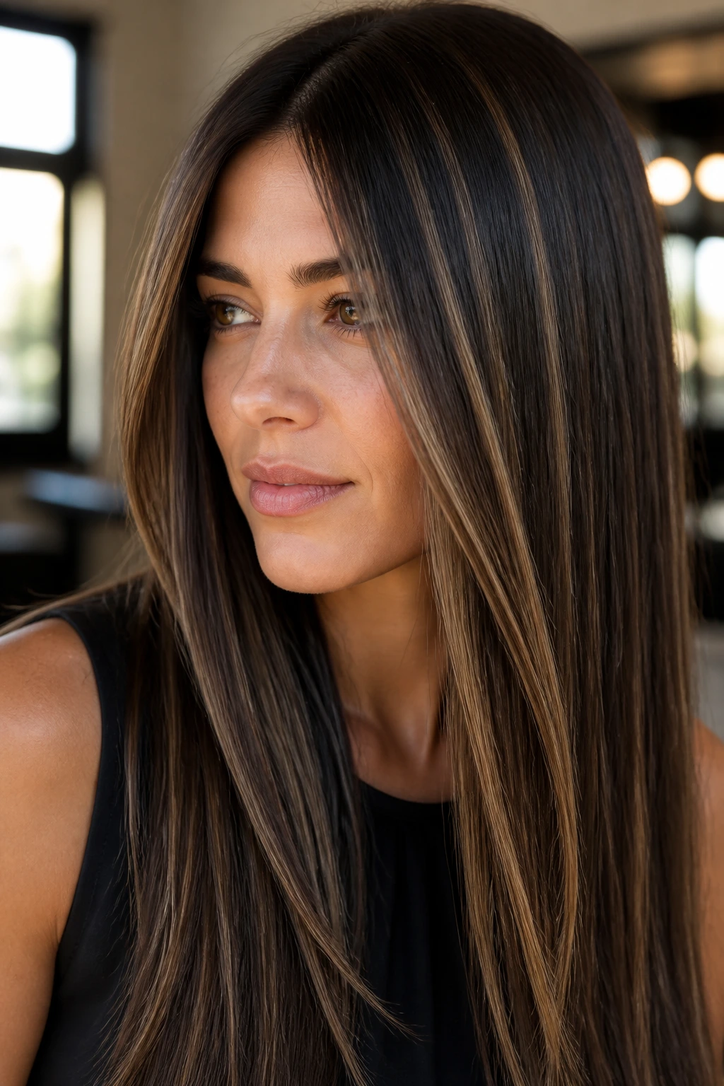 Close-up of a real woman's dark brunette hair with subtle vanilla ribbons framing the face