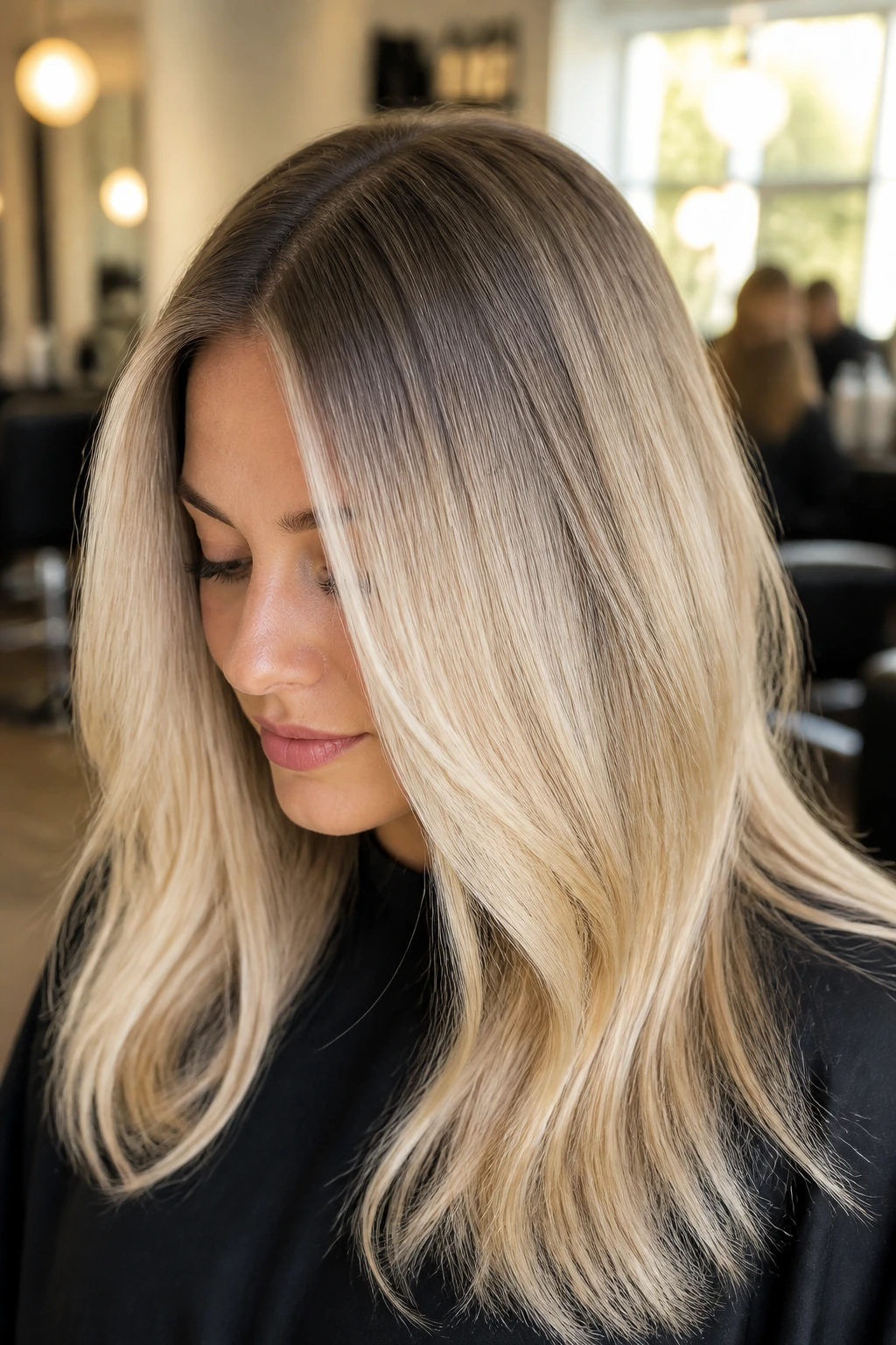 Close-up of a real woman with vanilla root melt showing deep roots fading to light blonde.