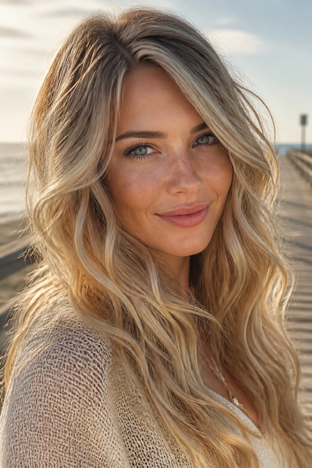Close-up portrait of vanilla sand blonde hair in soft beachy waves.