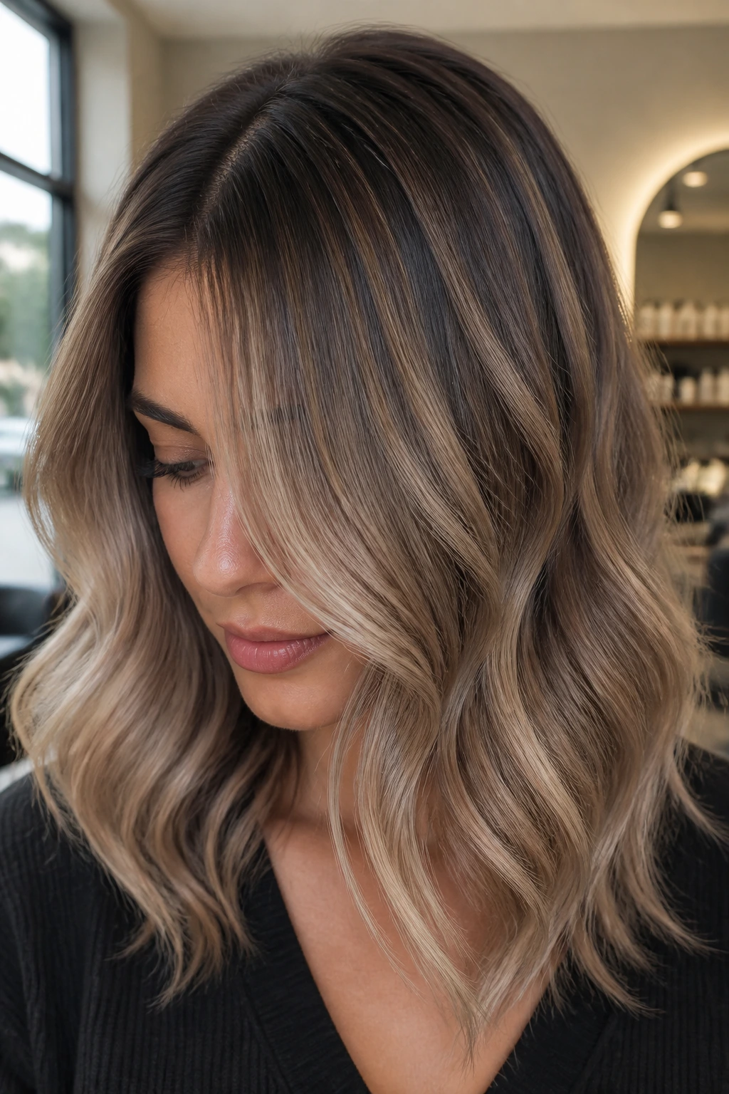 Real woman with vanilla smoke balayage on brunette hair