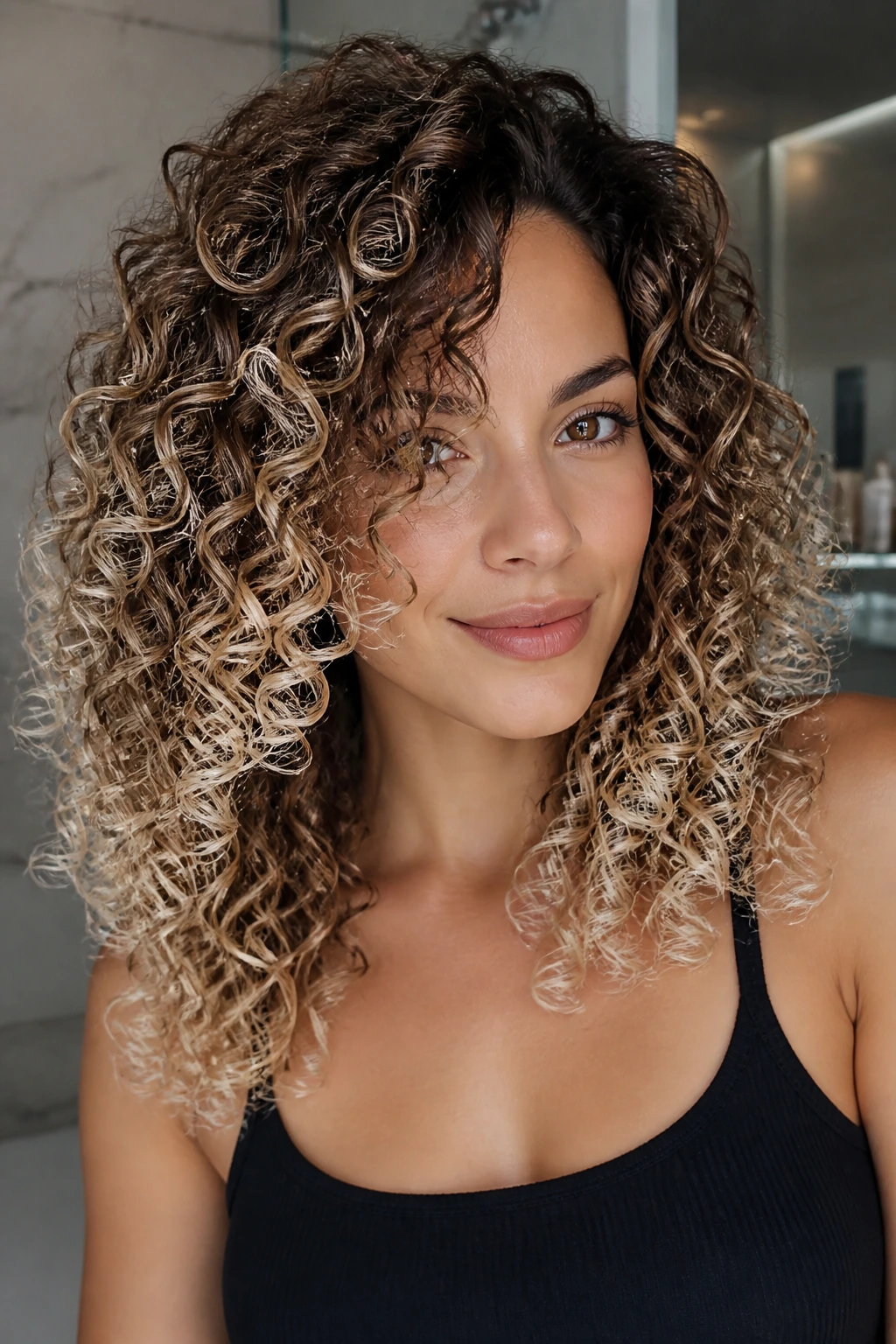 Close-up of defined curls with icy vanilla tips at the ends on a real woman