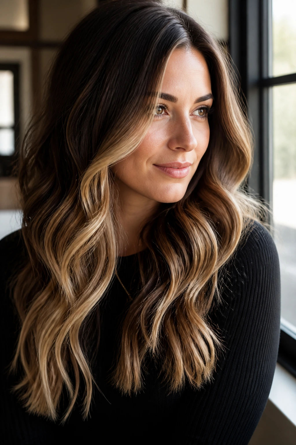Portrait of brunette with vanilla-toned balayage in loose waves highlighting creamy ribbons.