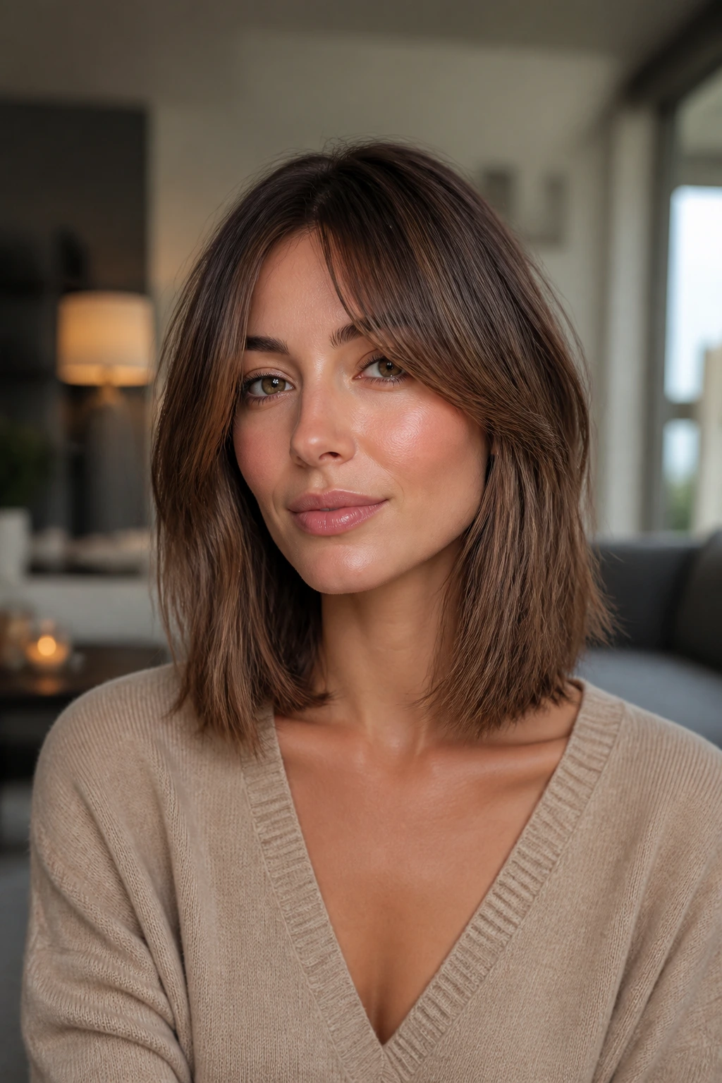 Close-up of a woman showcasing collarbone-length lob with curtain bangs for versatile variations