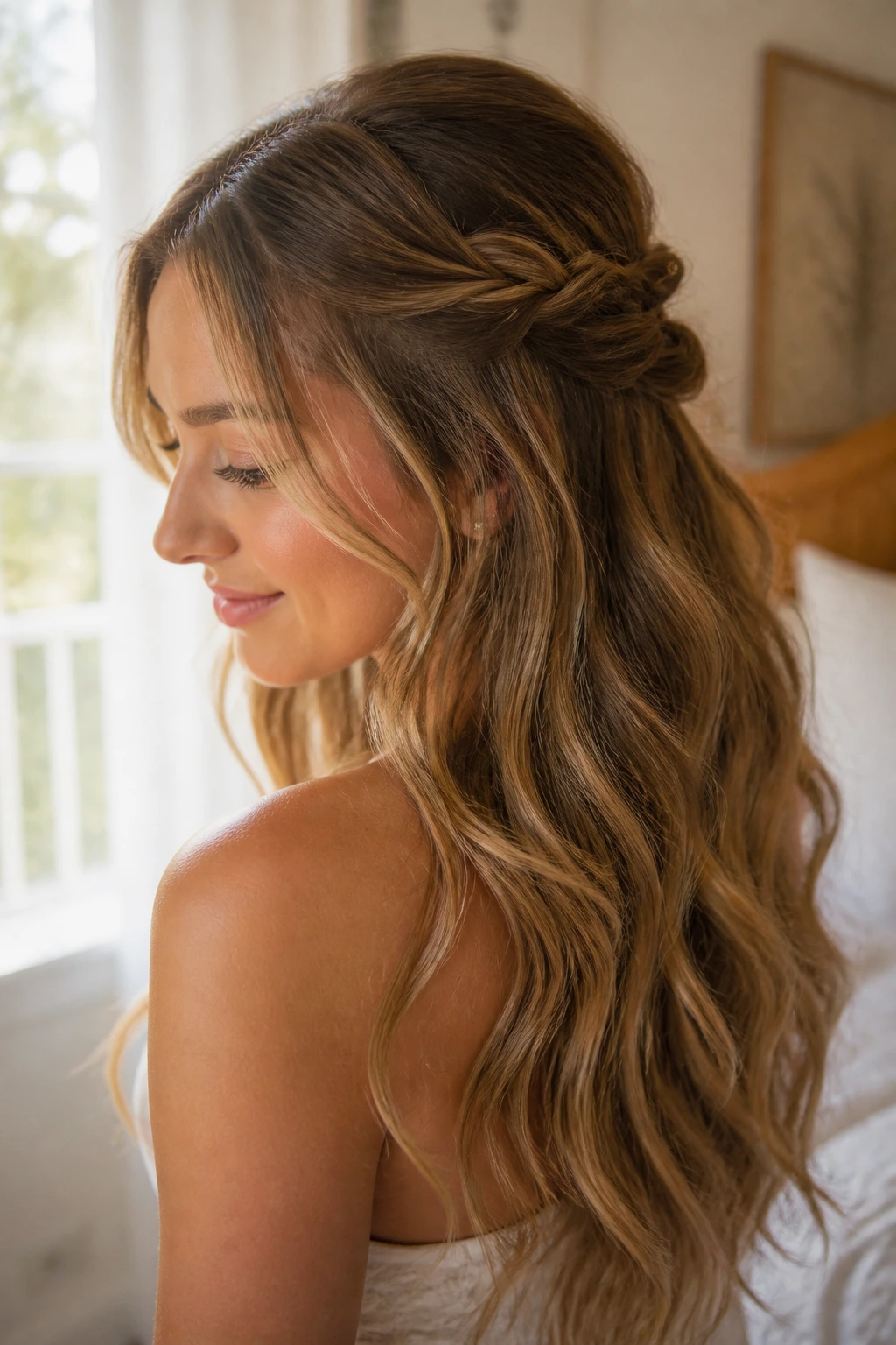 Half-up hairstyle with soft waves on a real person