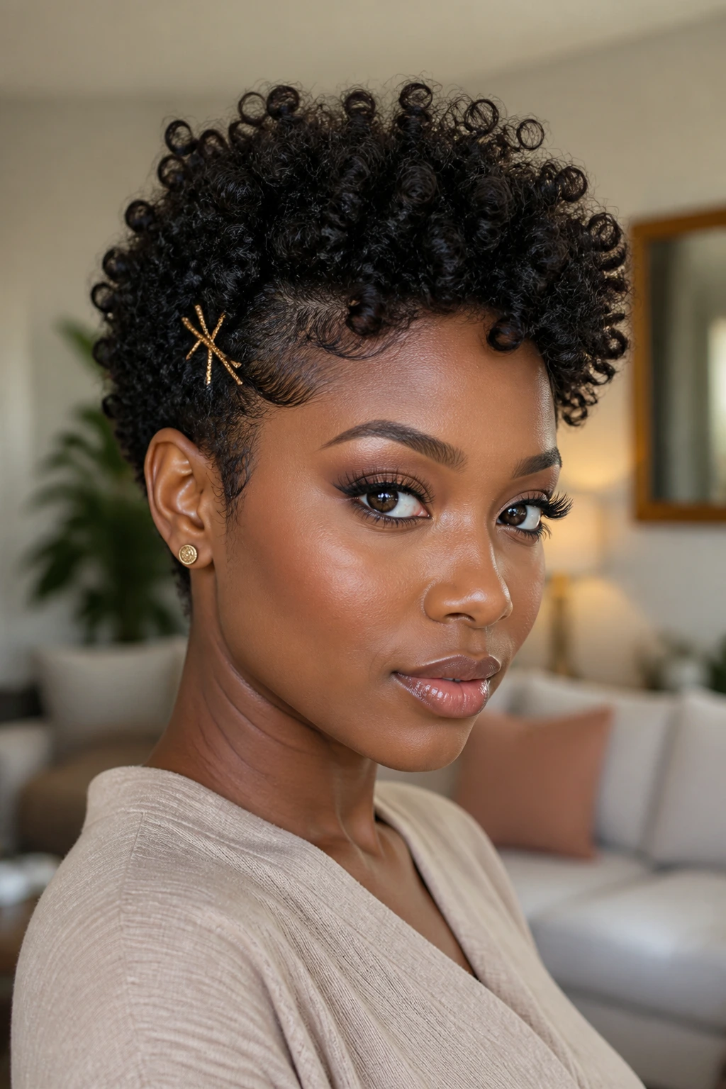 Close-up portrait of a real Black woman with short curls and a front pin accent.