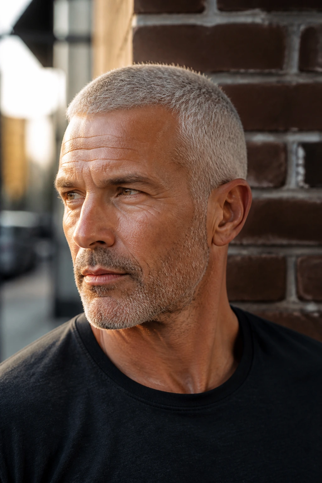 Man with all-silver minimalist buzz cut outdoors.