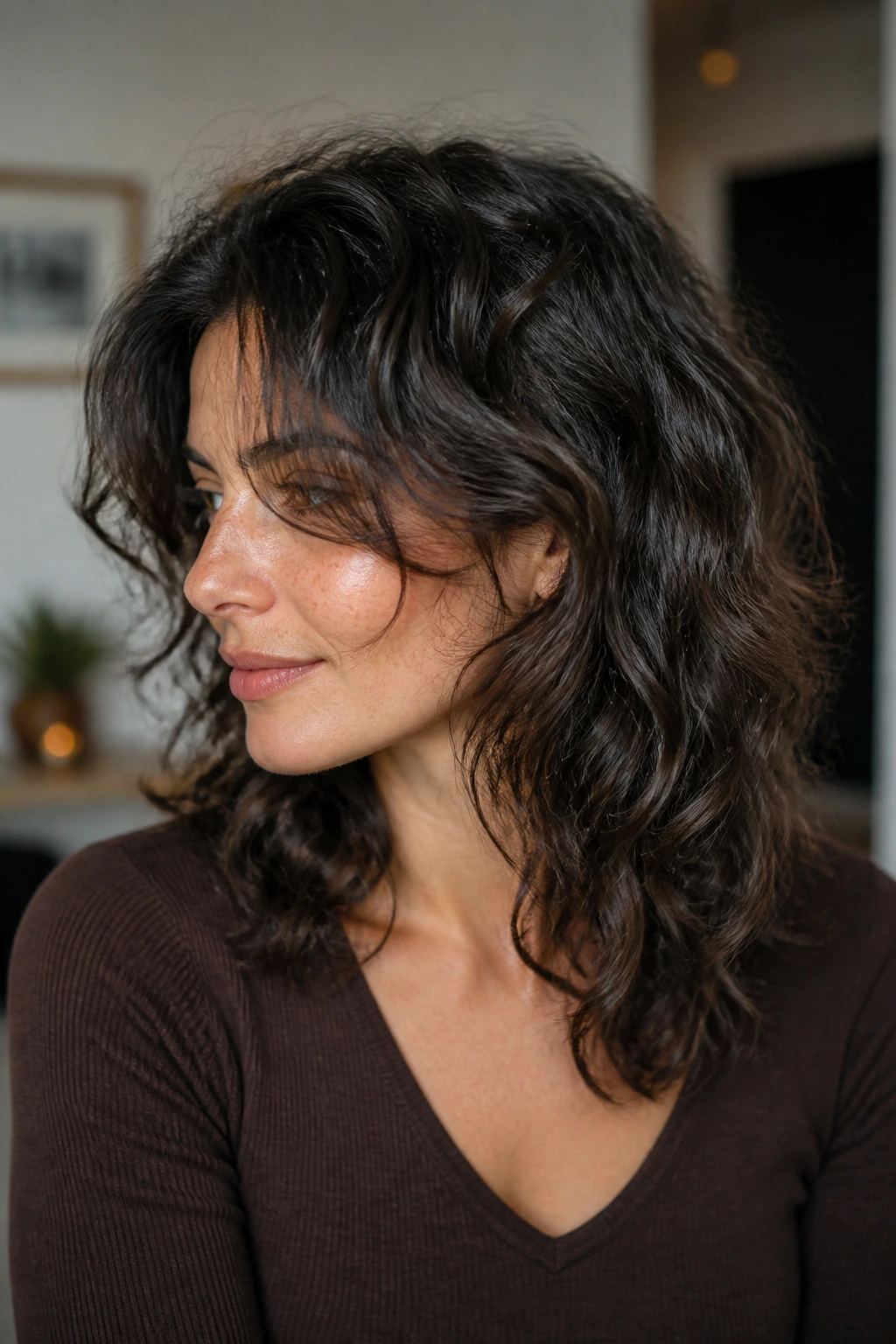 Real person illustrating a bang-shy variation of a mid-length shag