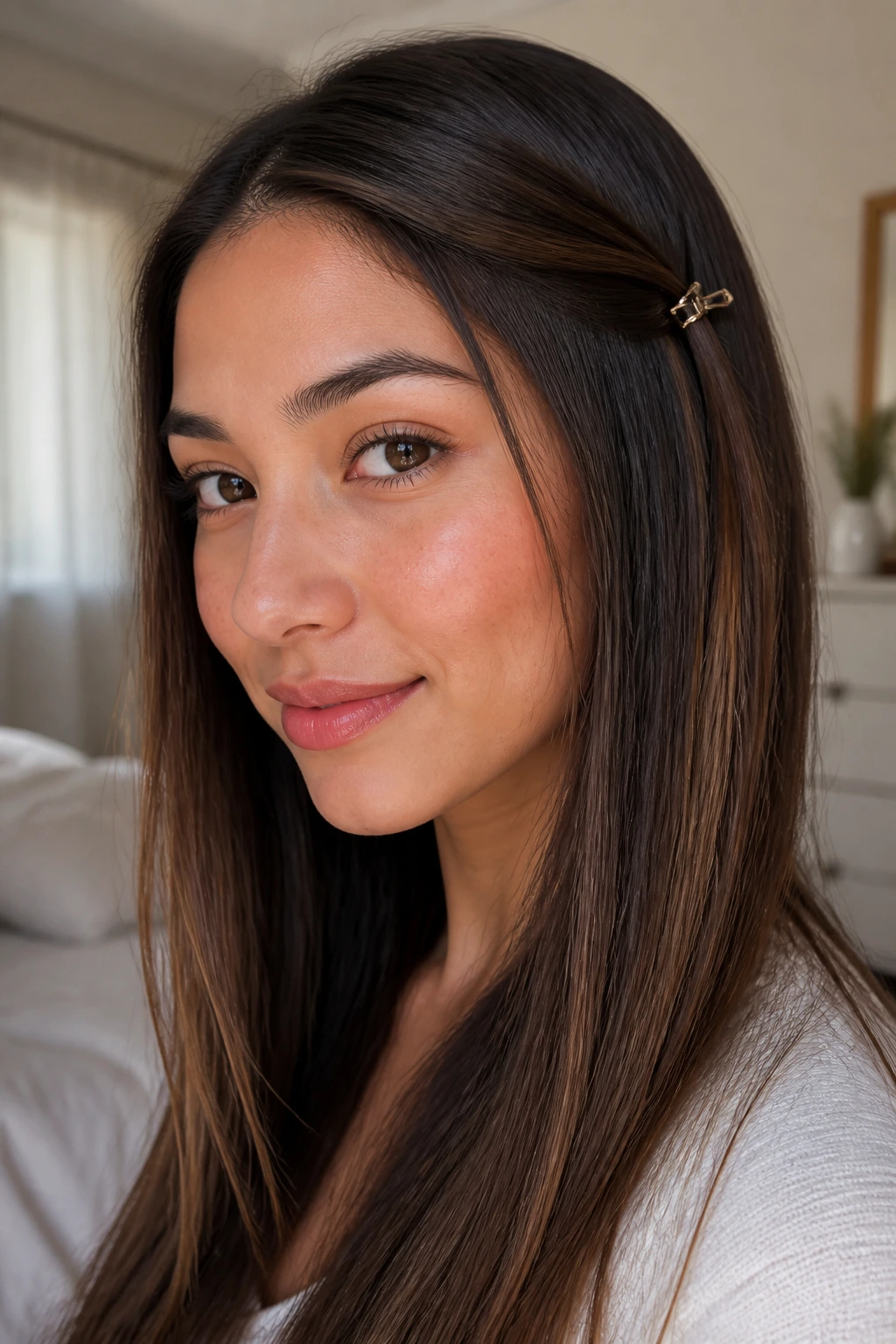 Close-up of real woman with straight hair featuring a side tuck and small barrette, showing variation-ready style