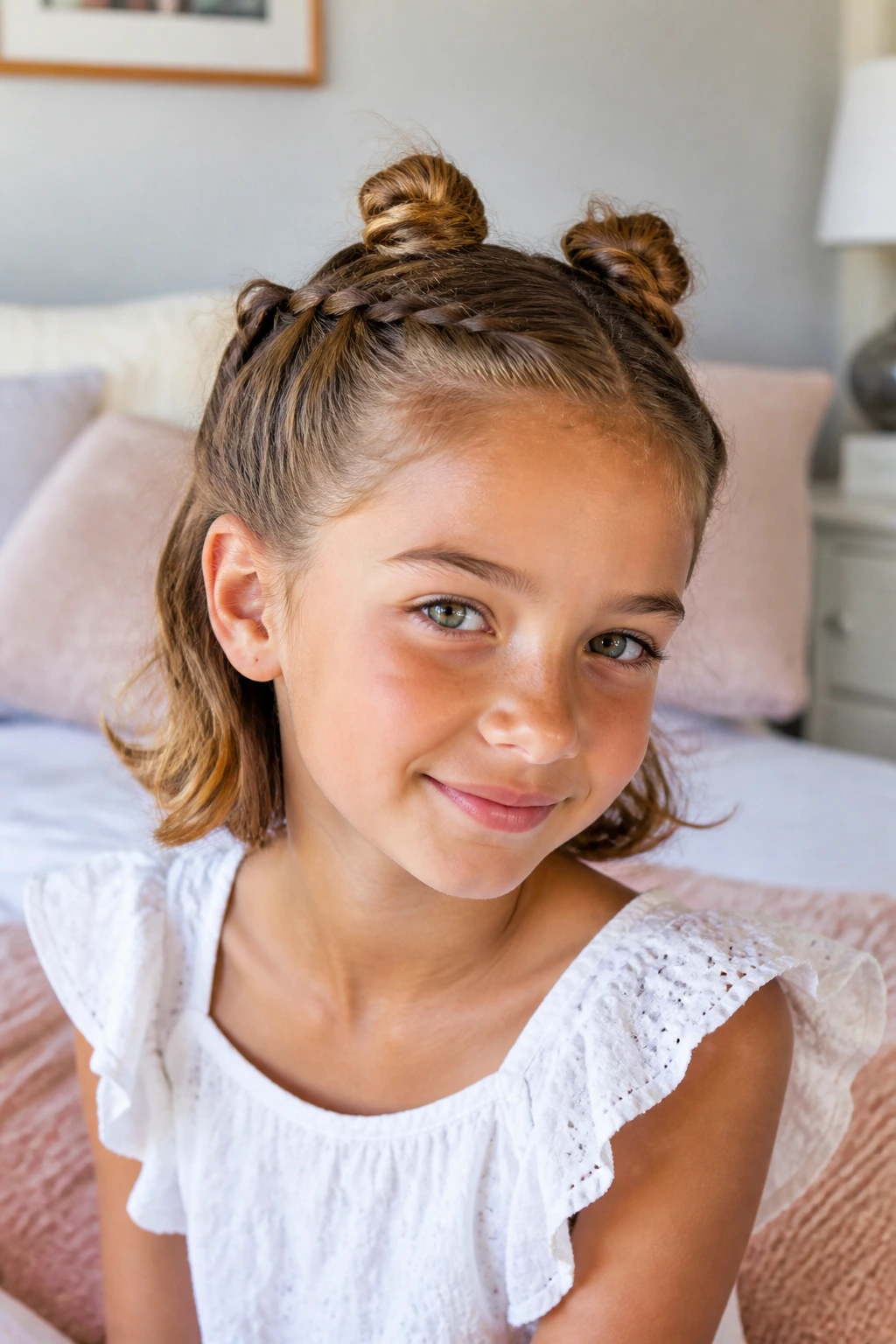Close-up of a girl showing crown twists and mini buns as hairstyle variations